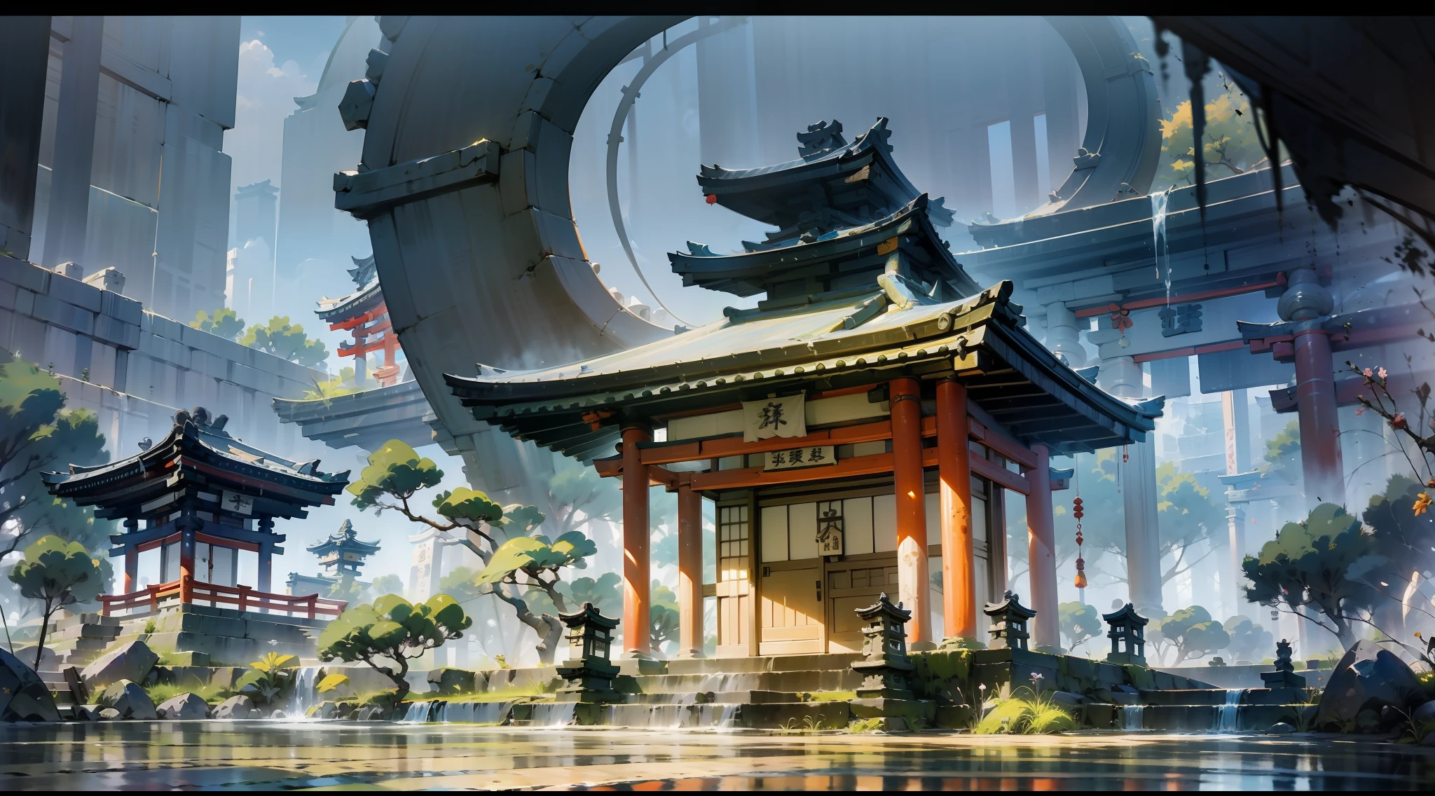 Japanese anime scene design，Ancient shrines，abundant detail，Ancient Japanese Showa style，Quiet and elegant atmosphere，Delicate and soft painting style，Cinematic lighting effects，HD picture quality，abundant detail，32K，Very perfect and unified 8K HD wallpaper，OC rendering sculpture