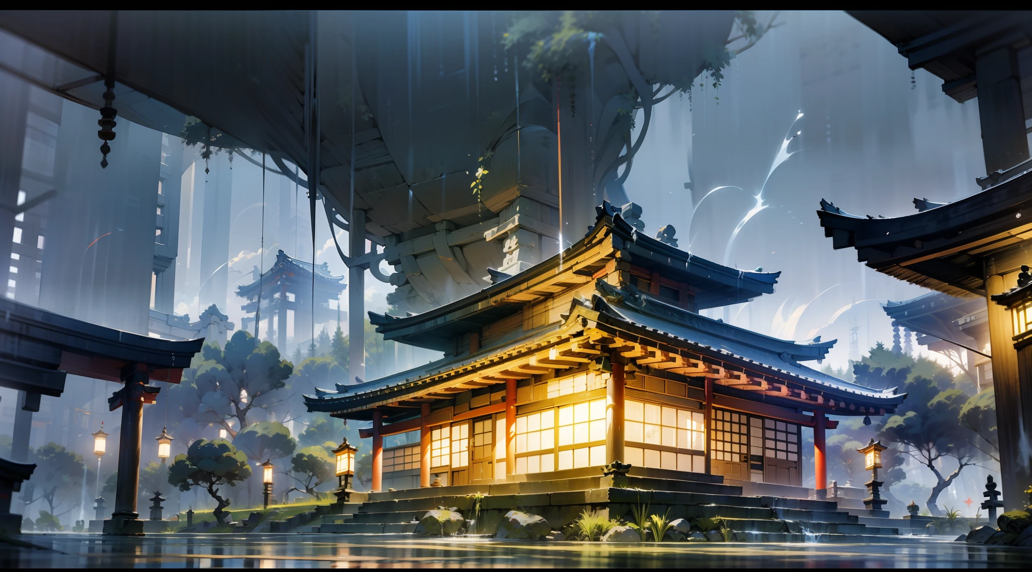 Japanese anime scene design，Ancient shrines，abundant detail，Ancient Japanese Showa style，Quiet and elegant atmosphere，Delicate and soft painting style，Cinematic lighting effects，HD picture quality，abundant detail，32K，Very perfect and unified 8K HD wallpaper，OC rendering sculpture