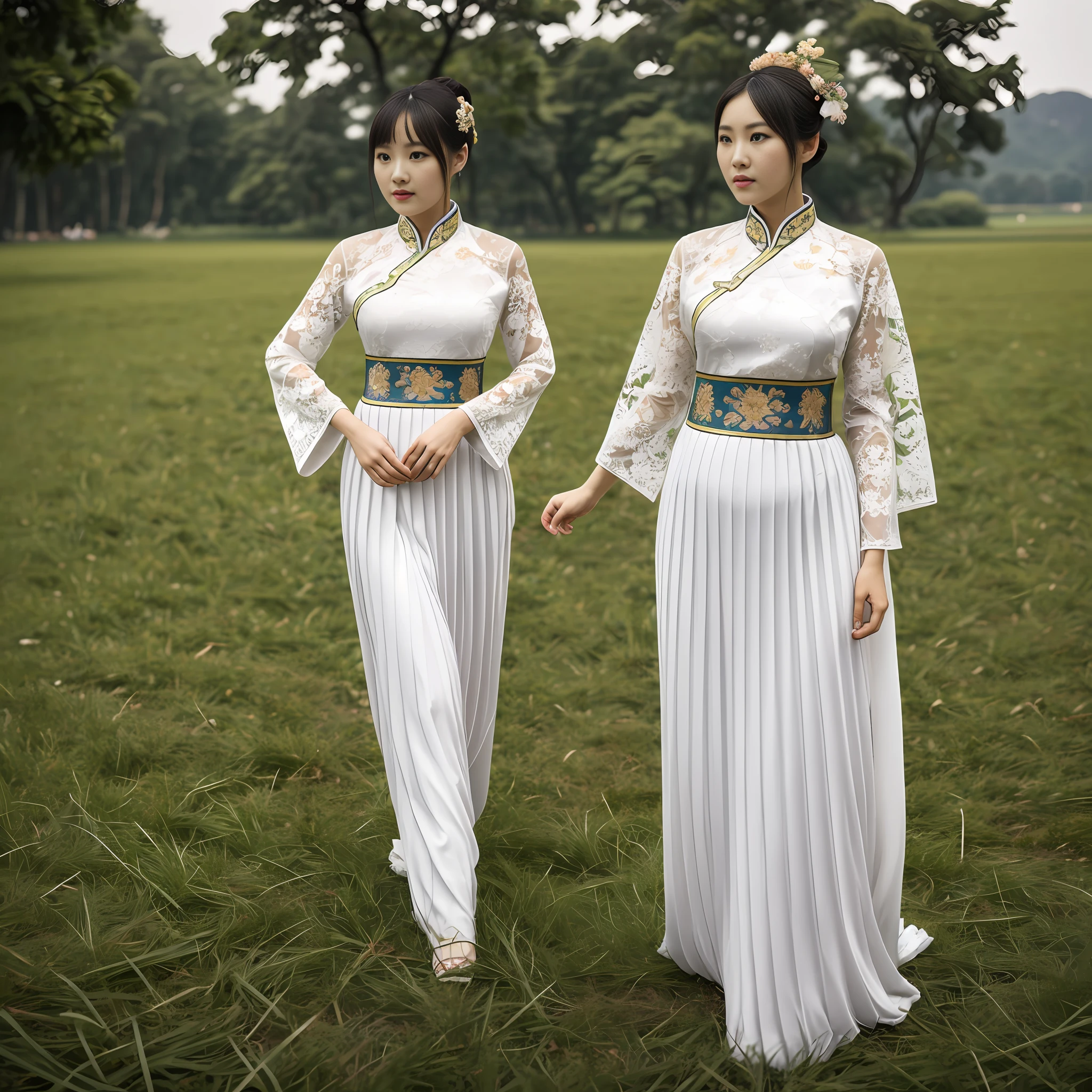 HDR 8K,s whole body,a woman with,Peerless looks,A pair of big bright eyes,Perfect nose,Cherry small mouth,Plump chest,A4 paper small waist,S-shaped figure,Fat buttocks,Elongated arms,The upper body is wearing a traditional Chinese costume belly pocket,It is draped in long lace and openwork shoulder pads in traditional Chinese clothing,The lower body is dressed in a long pleated gown, a traditional Chinese costume,Slender calves,standing on grass --auto
