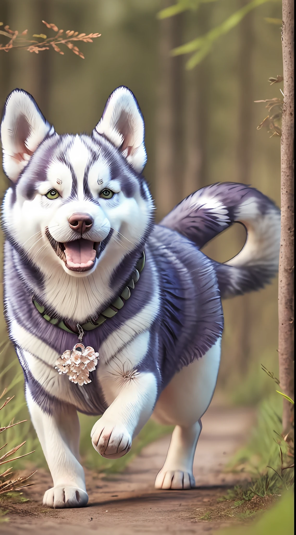 (Lovely husky, Front, side, back), Big eyes, Happy, Running, lineart, casual style, Running, Forest, Flowers, trends