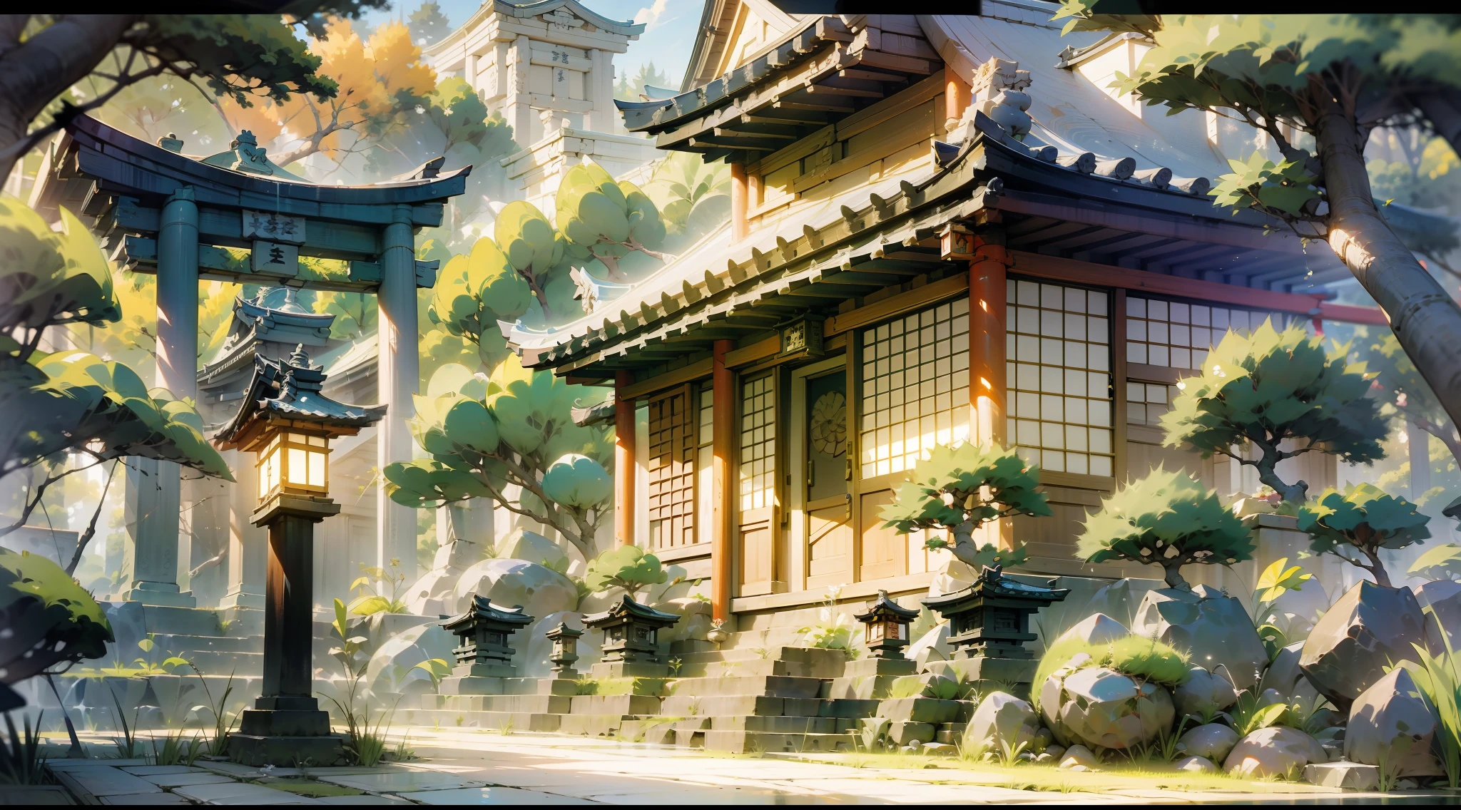 Japanese anime scene design，Ancient shrines，abundant detail，Ancient Japanese Showa style，Quiet and elegant atmosphere，Delicate and soft painting style，Cinematic lighting effects，HD picture quality，abundant detail，32K，Very perfect and unified 8K HD wallpaper，OC rendering sculpture