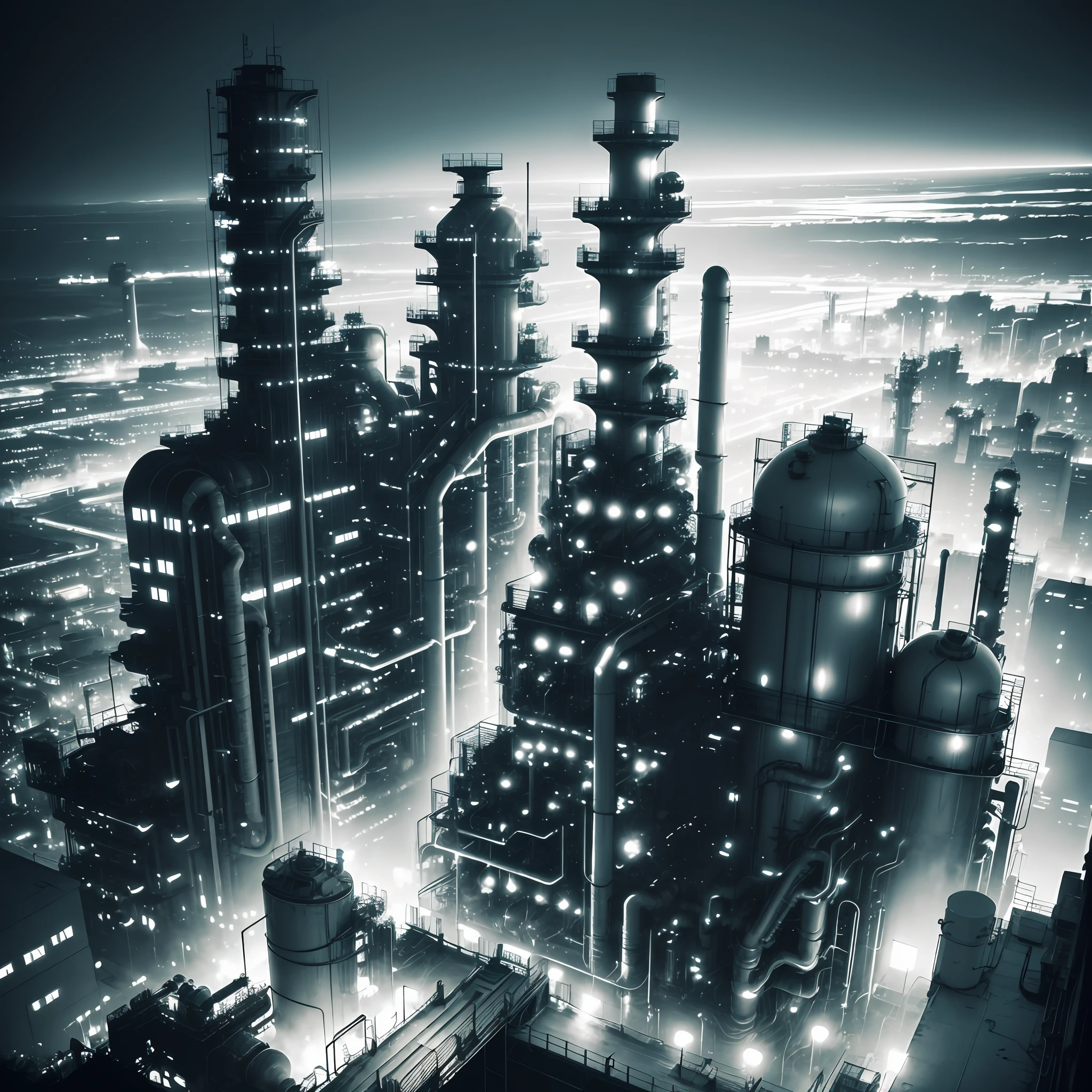 （night scenery:1.2,aerial shot:1.1,Distillation column:1.1,Chemical plants,oil refining）,High contrast in black,Light and dark are extremely distinct,It was pitch black,Immersive,cool tone,Halo,The bright light of neon lights contrasts with white,A harsh light penetrates the twilight,Enhance composition,A boundless silence that creates wonder and tension。 --auto