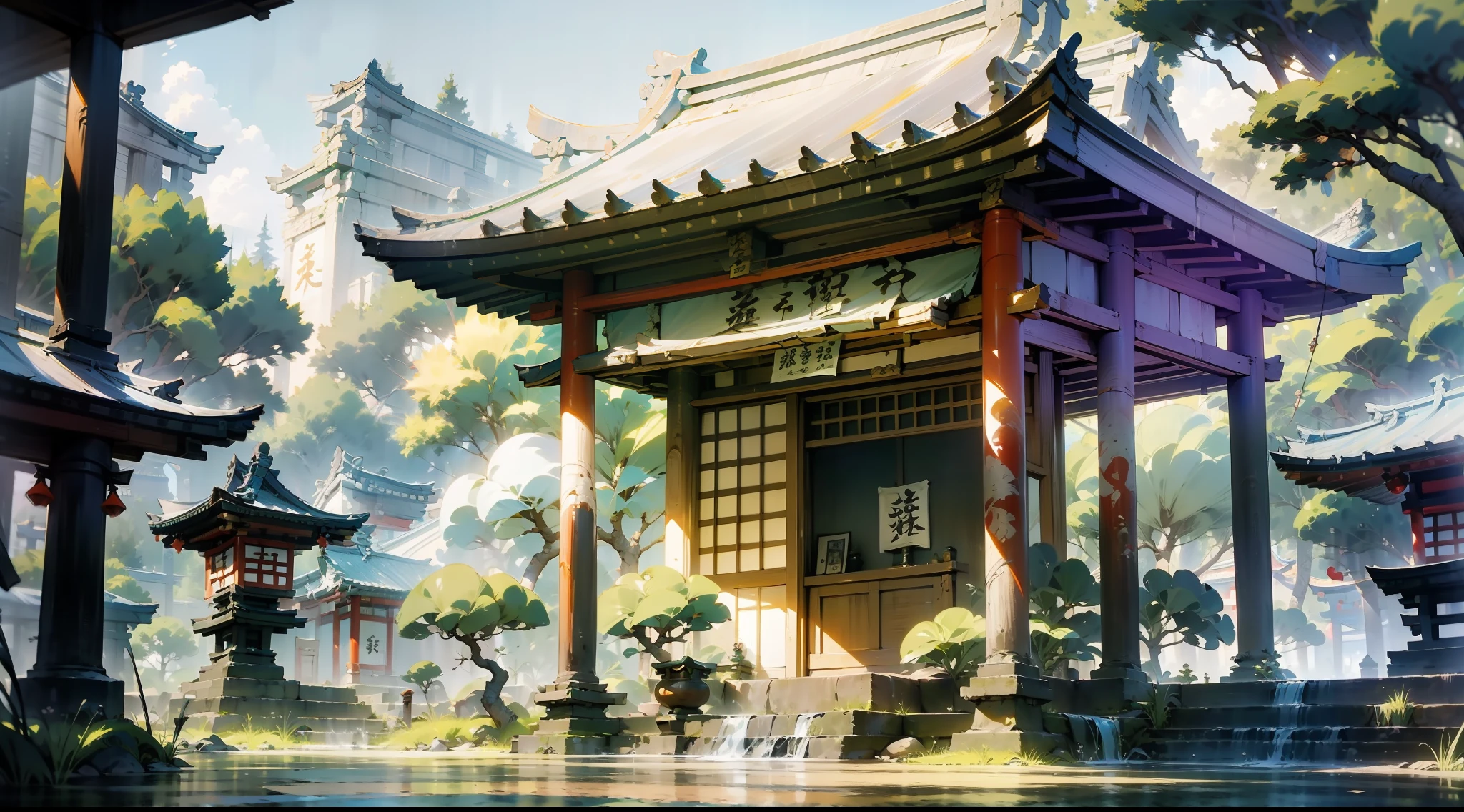 Japanese anime scene design，Ancient shrines，Ancient Japanese Showa style，Quiet and elegant atmosphere，Delicate and soft painting style，Cinematic lighting effects，HD picture quality，abundant detail，32K，Very perfect and unified 8K HD wallpaper，OC rendering sculpture