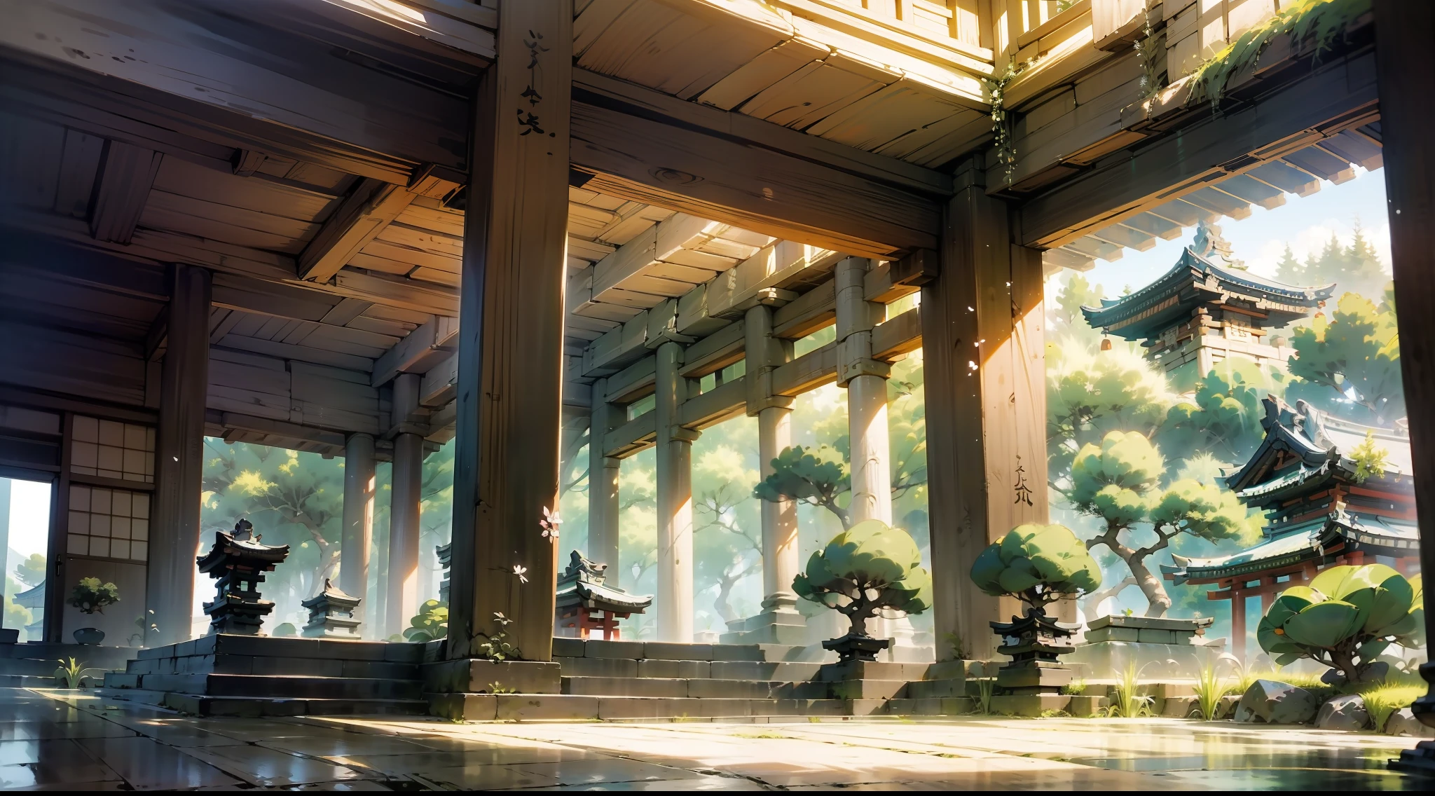 Japanese anime scene design，Ancient shrines，Ancient Japanese Showa style，Quiet and elegant atmosphere，Delicate and soft painting style，Cinematic lighting effects，HD picture quality，abundant detail，32K，Very perfect and unified 8K HD wallpaper，OC rendering sculpture