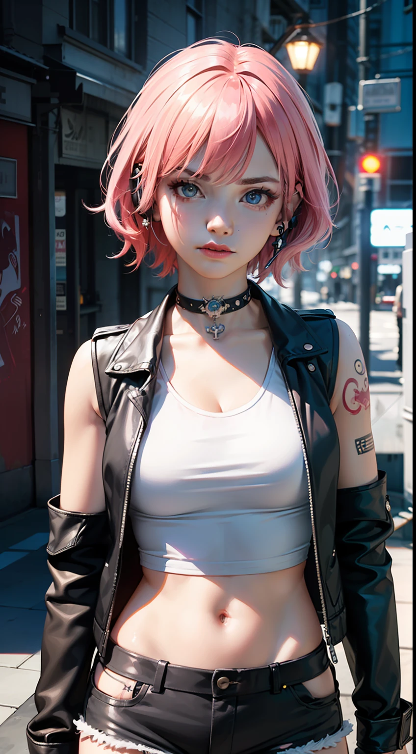 ((masterpiece)), (realistic),(3d face),illustrations,solo,(original),(very detailed wallpaper),photographic reality, very detailed illustrations, (super-complex detail),(delicate face) , perfect detail features,perfect detail,(super complex details), (best lighting),(upper body),1girl,(matrue women:1.2),mid shot,(Punk Fashion), (Earphones), (Modern), (Vibrant), (Disgusted Expression), (Pink and Purple Ombre Hair),(glowing tattoo:1.1), (Sassy), (Sneering), (Confident), (Sleeveless Top), (Black Leather Jacket), (High-Waisted Shorts), (Fishnet Tights), (Combat Boots), (Skull and Crossbones Choker),(Dark Eye Makeup), (Bright Lipstick), (Graffiti Background), (Street Art), (Urban), (Digital Art), (2D Illustration),4K unified,octane rendering,atmospheric 8k ultra detailed,amazing,epic,vivid,Stunning art,dreamy,best shadow,(extremely detailed CG unity 8k wallpaper),Unreal Engine, amazing fine details and brush strokes, smooth, hd semirealistic anime cg concept art digital painting,cg painting,(photorealistic),