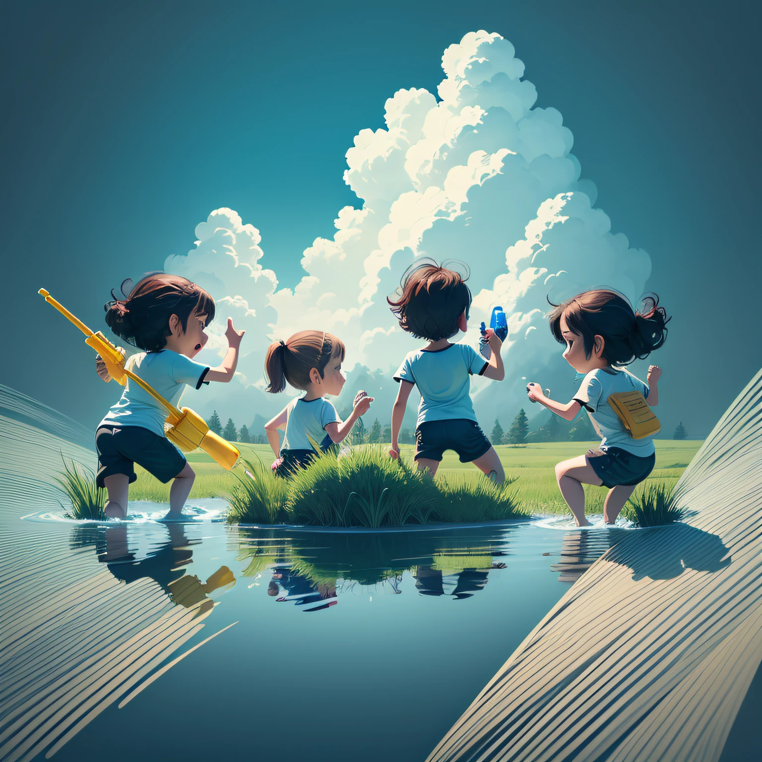 Blue sky meadow，A group of kids playing with water guns，tshirt design，MIDJOURNEY，vectorart，Hydrology 74 --auto
