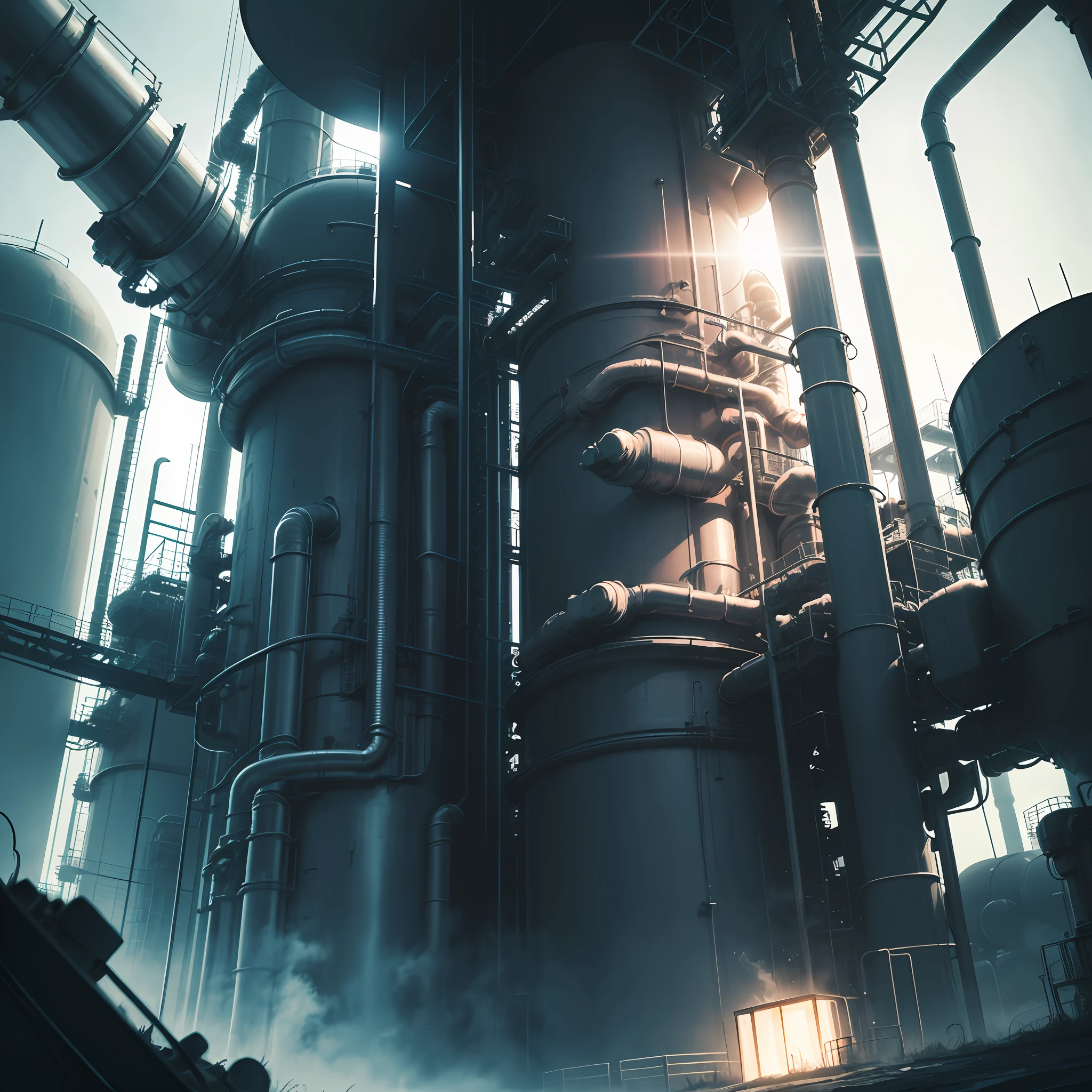 （night scenery:1.2,aerial shot:1.1,Distillation column:1.1,Chemical plants,oil refining）,High contrast in black,Light and dark are extremely distinct,It was pitch black,Immersive,cool tone,Halo,The bright light of neon lights contrasts with white,A harsh light penetrates the twilight,Enhance composition,A boundless silence that creates wonder and tension。 --auto