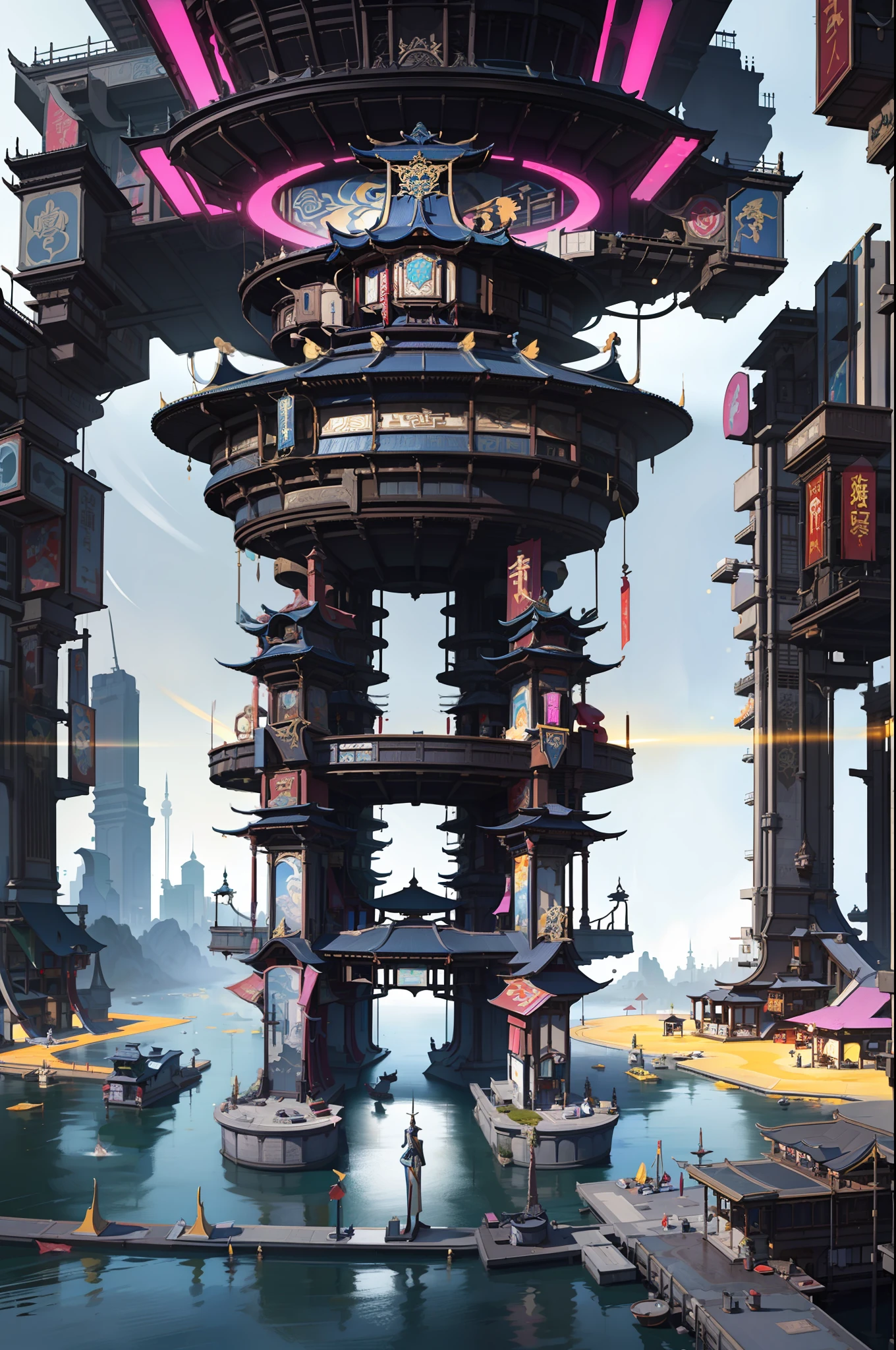 （Future science fiction，neon lit，The cyberpunk，Hologram aura、Particle effects），Game Academy，Ethno-style architecture，Ancient Chinese，Xianxia，Structurally sound、high-definition details，perfect works，White background，（杰作，premier quality，best qualitiy，officlal art，Beauty and aesthetics：1.2），（8K，best qualitiy，杰作：1.2）