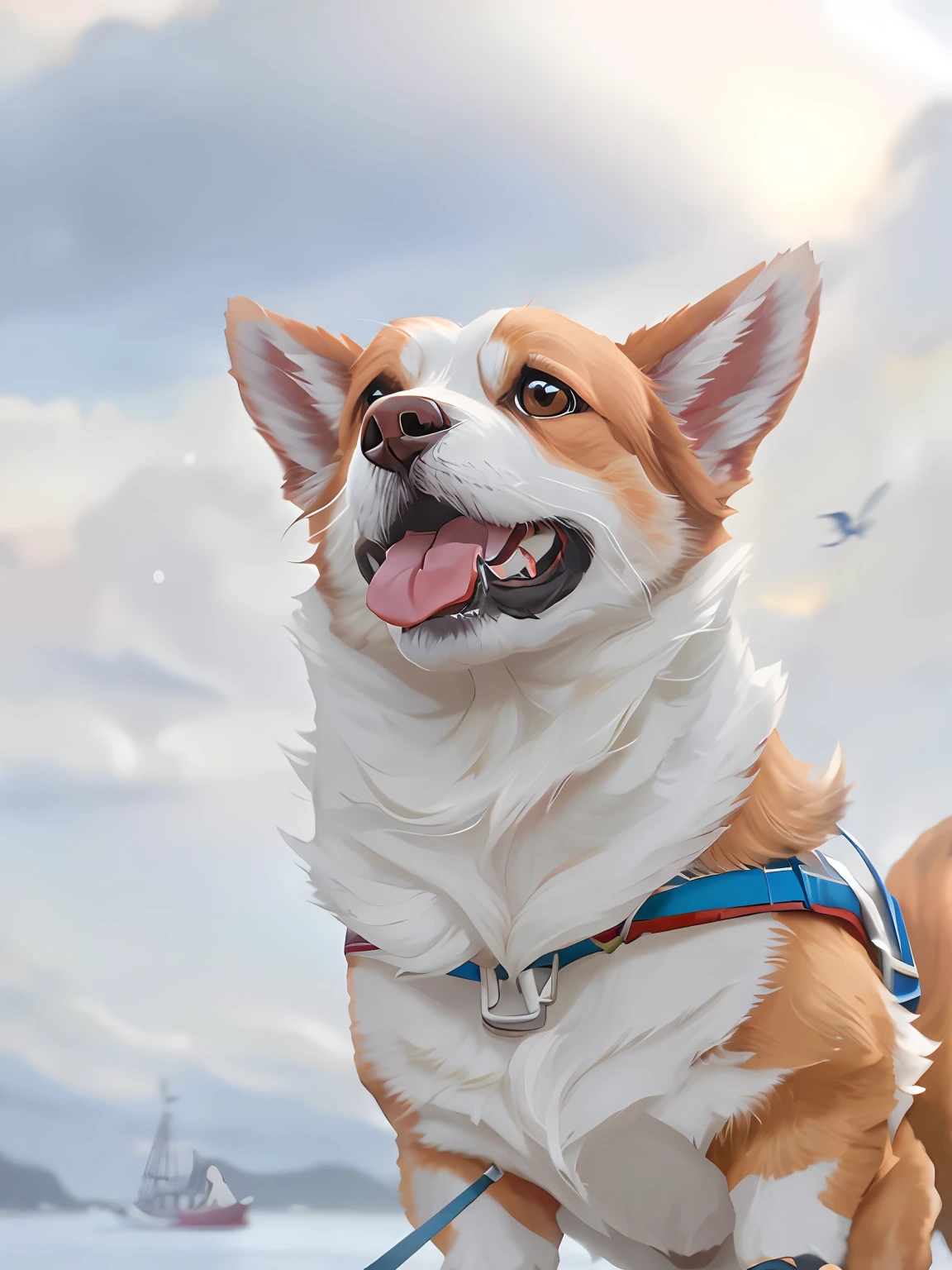 highly detaild,Oil painting style in digital art style,An Aalfic dog on a leash on a boat looks up at the sky。Cute corgi with angel wings,corgi cosmonaut,The perfect blend of variety corgi and graffiti,depicting a corgi made of fire。Corgi has a happy expression,Charizard's canine hybrid,He was so happy that he was looking at the wonderful scenery in the no-man's sky。
