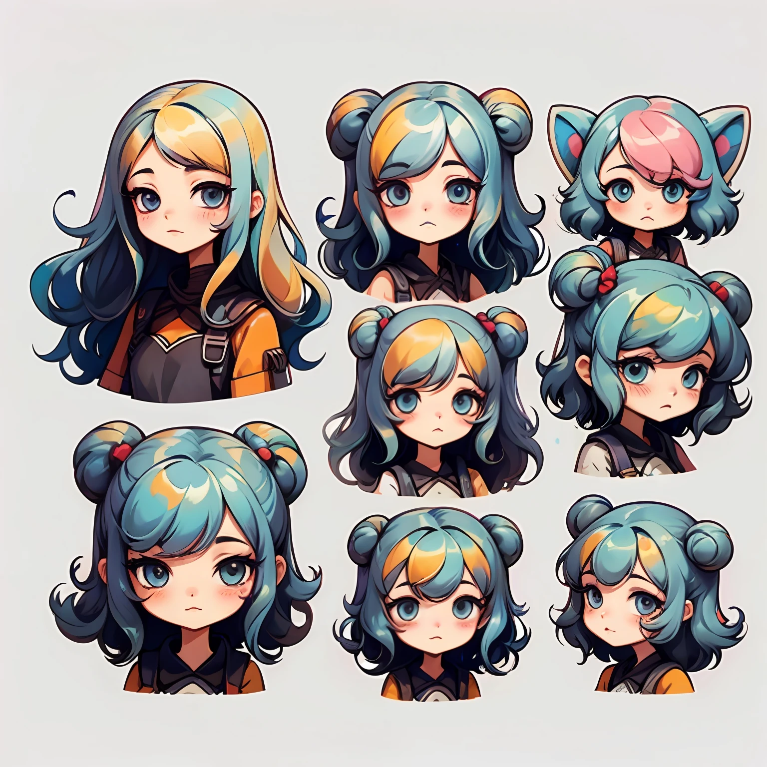 Character design sheet, same character, front, side, back), illustration, 1 girl, hair color, bangs, hairstyle fax, eyes, environment change, white background