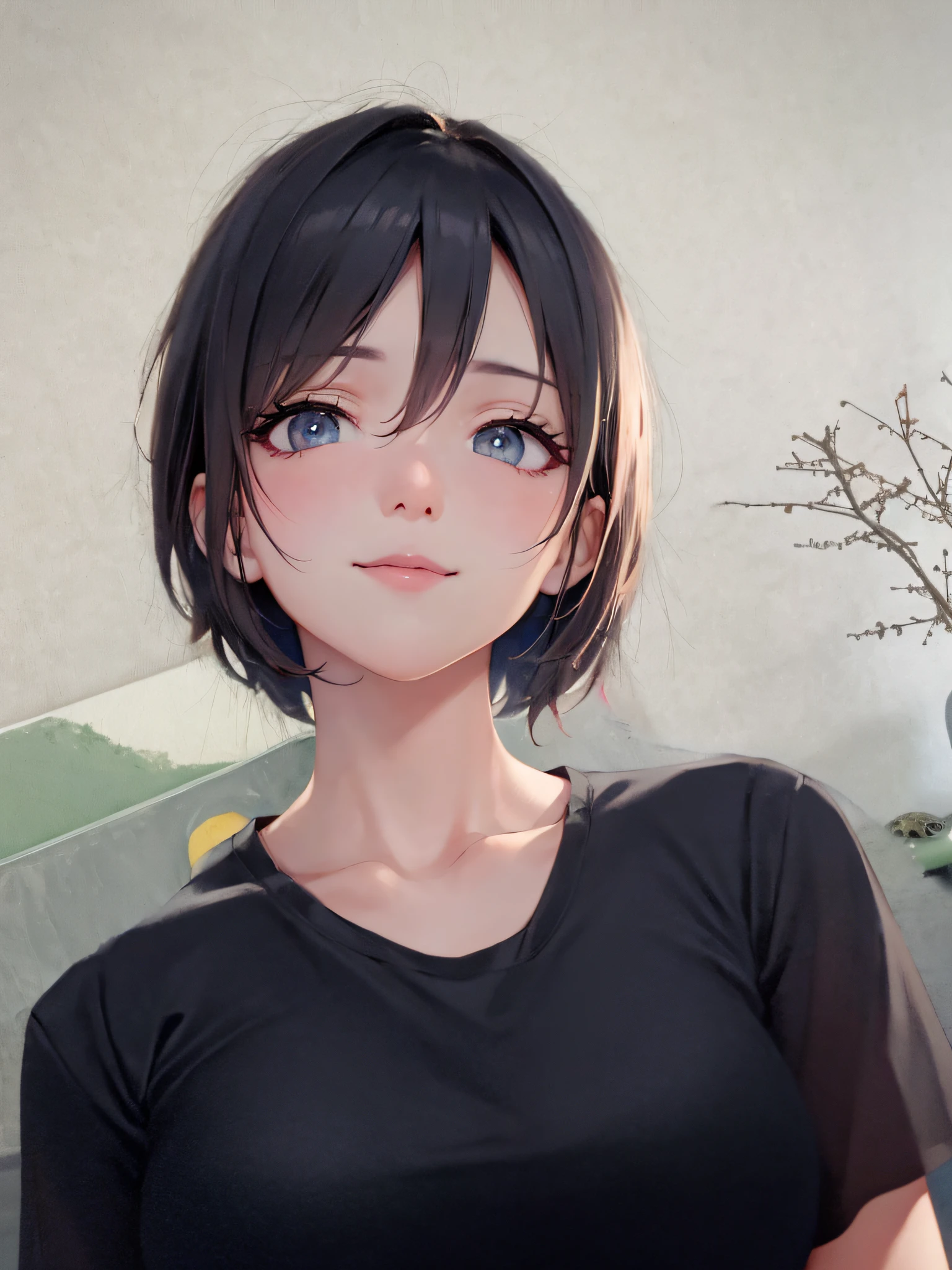 (8k,best qualitiy,杰作:1.2),(逼真,逼真:1.37),Ultra detailded,best qualitiy,The ultra-great resolution,professionallighting,photon maping,radiosity,physical based rendering,cinematic lighting,Clear focus,Good composition,(bokeh:1.2) ,solo,(close up view),beautiful detailed eyes,Smiled face,mid breasts,(Random colorful clothes),Brunette Big breasts,disheveled hair,bobhair,(ulzzang-6500:1.2)