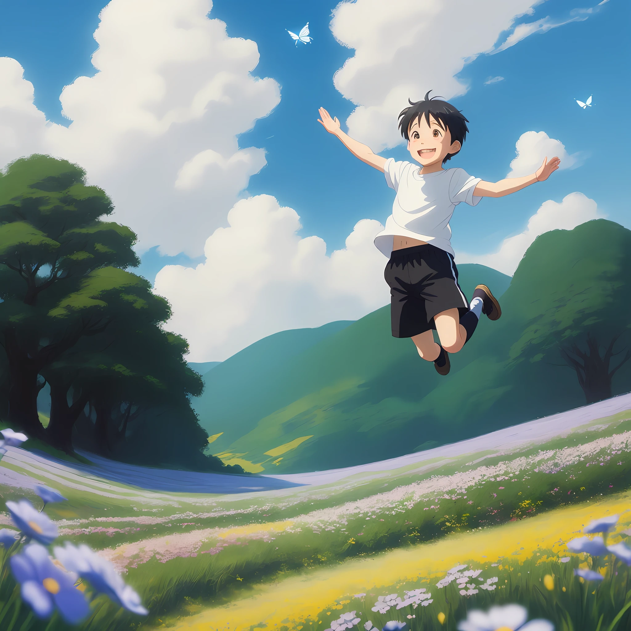 3 year old boy、White shirt and black shorts、flying in sky、Being in the air、Blue butterfly々and fly in the sky、Show your teeth and smile in real、Be authentic、beautifly、Amazing landscape oil painting Studio Ghibli Hayao Miyazaki petal meadow with blue sky and white clouds --v6