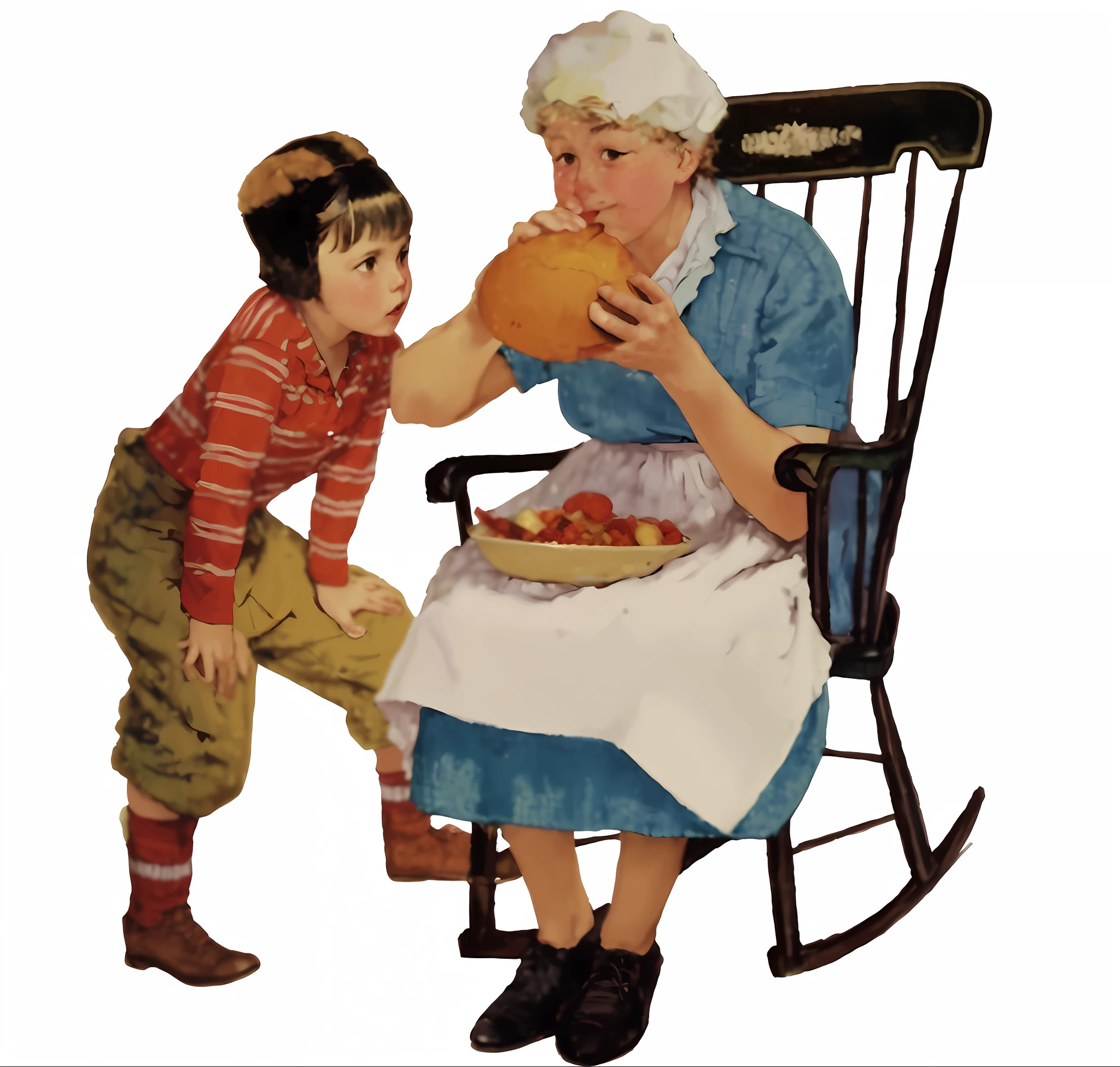 there is a woman and a boy sitting in a rocking chair eating, norman rockwell style, norman rockwell style, norman rockwell artwork style, inspired by Norman Rockwell, andnorman rockwell, norman rockwell j, in style of norman rockwell, norman rockwell painting, artist is norman rockwell, norman rockwell oil painting, norman rockwell, norman rockwell akihiko yoshida, normal rockwell
