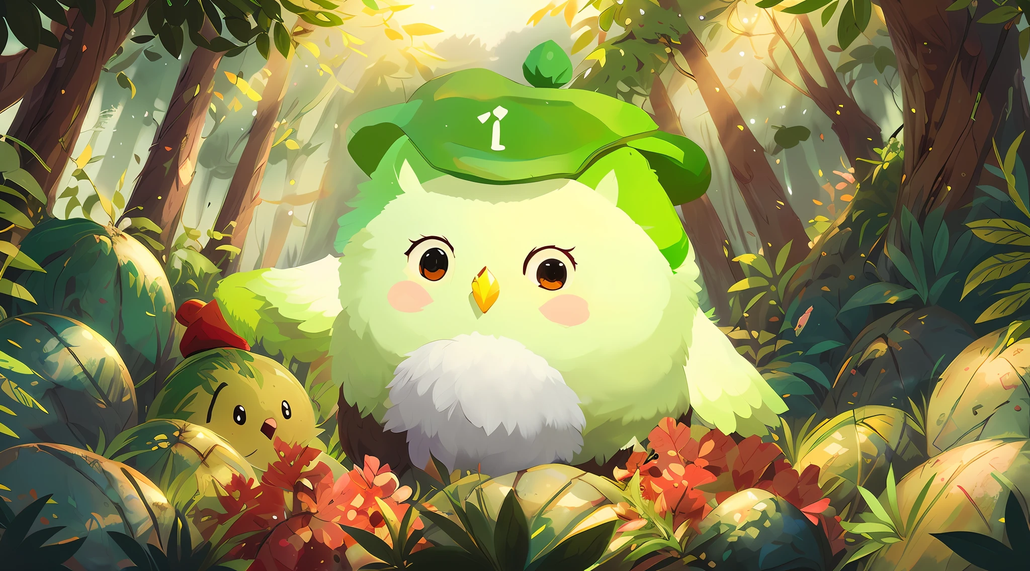 there is a cartoon bird with a green hat on in the jungle, cute forest creature, cute detailed digital art, Mobile game art, candy forest, birb, adorable digital art, fluffy green belly, cute digital painting, maplestory mouse, anime lush john 8k woods, official illustration, Stylized game art, forest spirit, fat bird, Stylized digital illustration