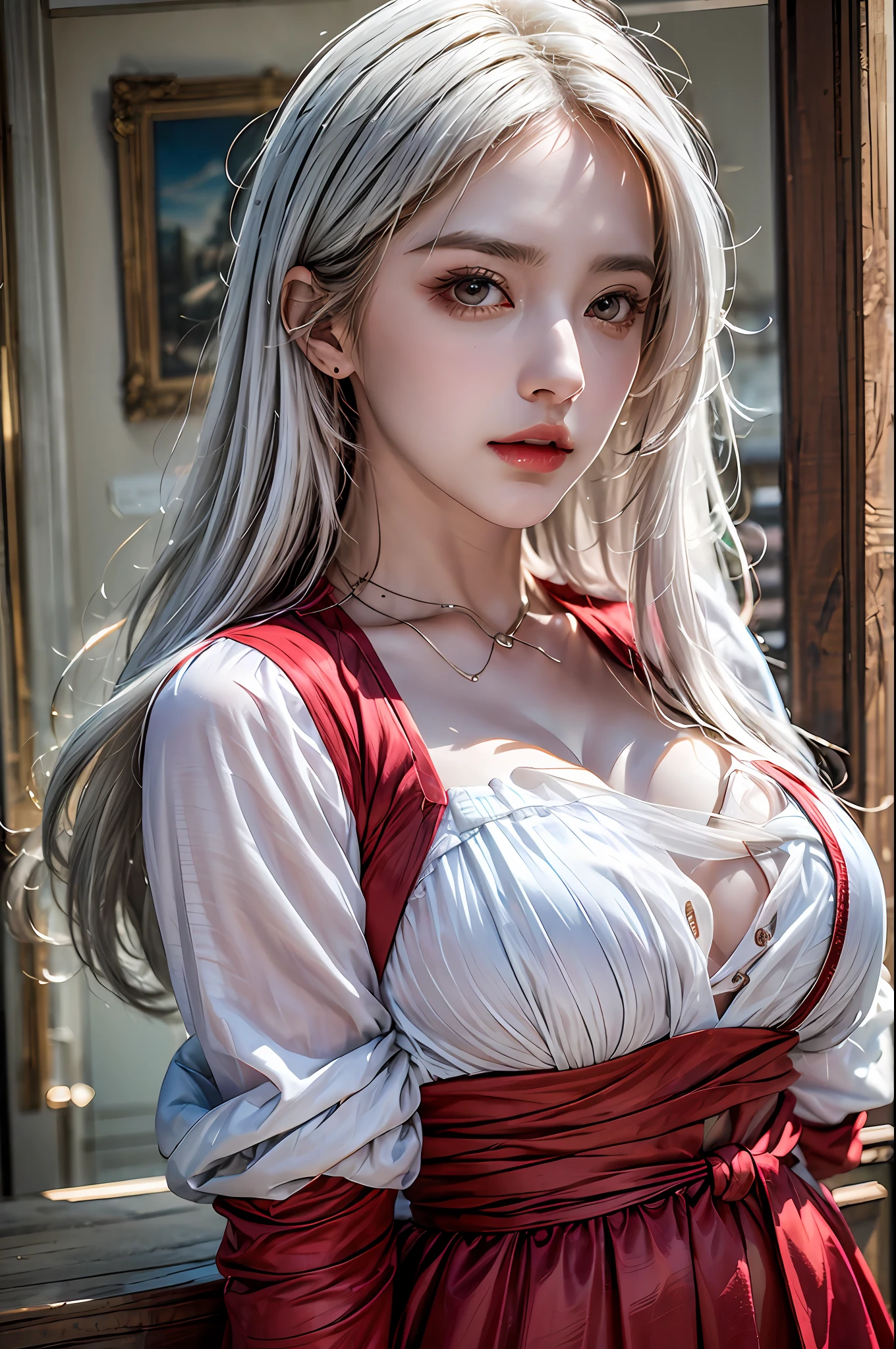 best quality, masterpiece, ultra-detailed, detailed light, (RAW photo:1.2), (photorealistic:1.4),(masterpiece:1.3),(best quality:1.4), 1girl, solo, waist up, white hair, long hair, red dress, fashion accessory