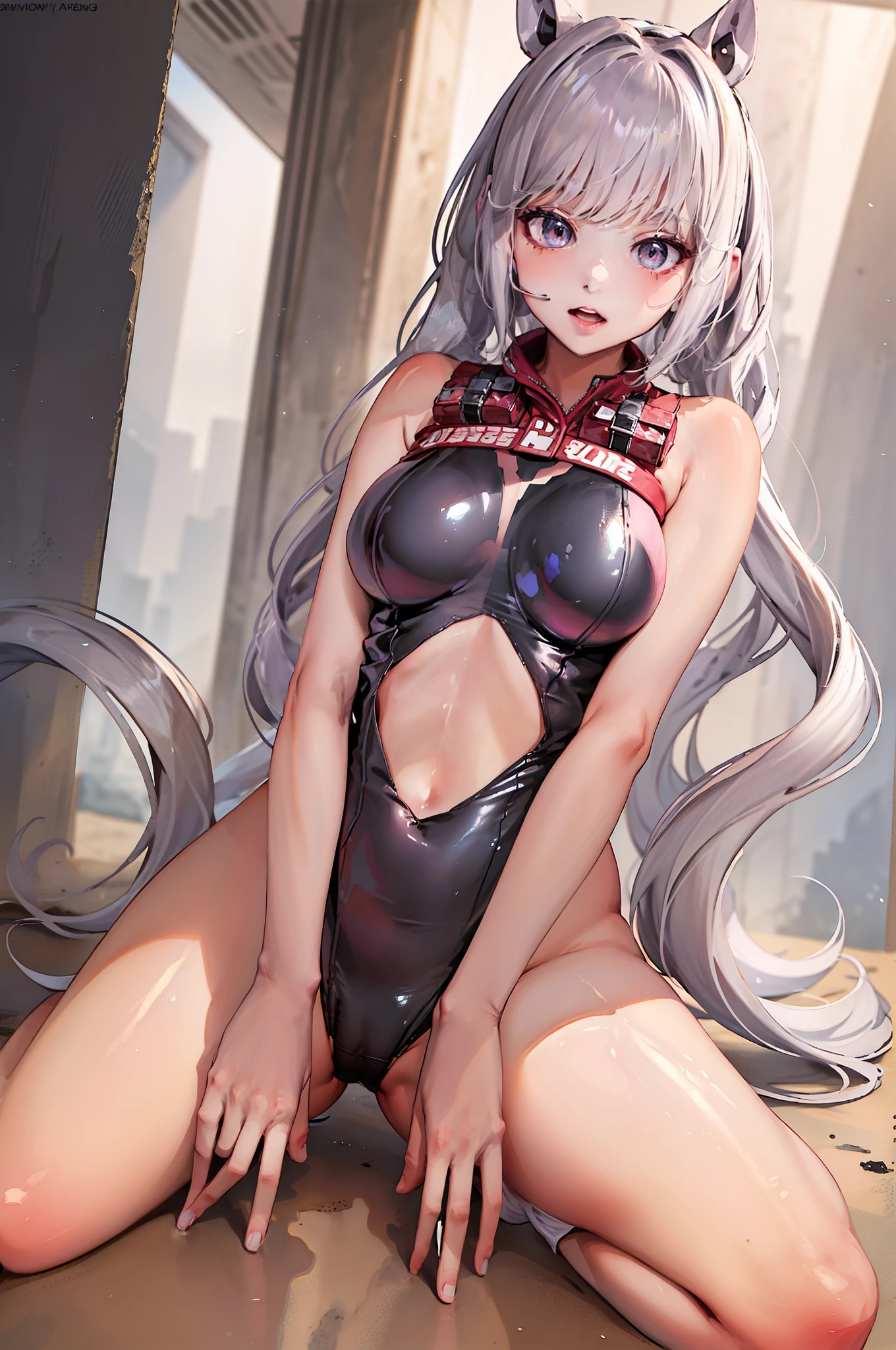 (Top quality, masterpiece: 1.2), 1girl, beautiful, cute, beautiful, style, sexy, elegant, attractive, sexy, beautiful and well-groomed face, beautiful eyes, beautiful hair, smooth skin, beautiful mouth, smooth legs, balanced body, fashionable with a change of clothes, mizuki yukikaze, hair ribbon, one pee stan, competitive swimsuit black theme