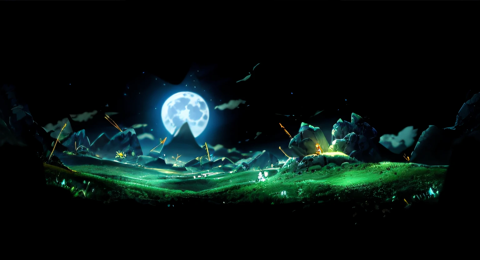 Anime scene in a field of full moon, Night view of distant mountains, background artwork, high quality desktop wallpaper, moonlit night dreamy atmosphere, game background, high-quality wallpaper, moonlit starry sky environment, amazing wallpaper, nighttime nature landscape, calm night. Digital illustration, float under moon light at night, high-quality wallpaper, Mobile game background