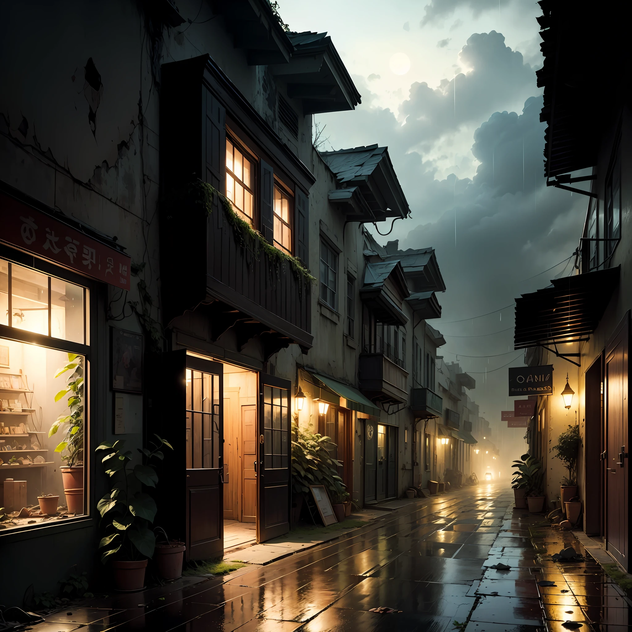 (Armageddon)，Dilapidated city，Plants climbing all over the walls ，Night，raining heavily，Black rain，（Fog，dense fog），Dilapidated streets，Dimly lit alley，（gloomy lighting），relic，(Dilapidated buildings)，(Uninhabited city)，Spooky atmosphere