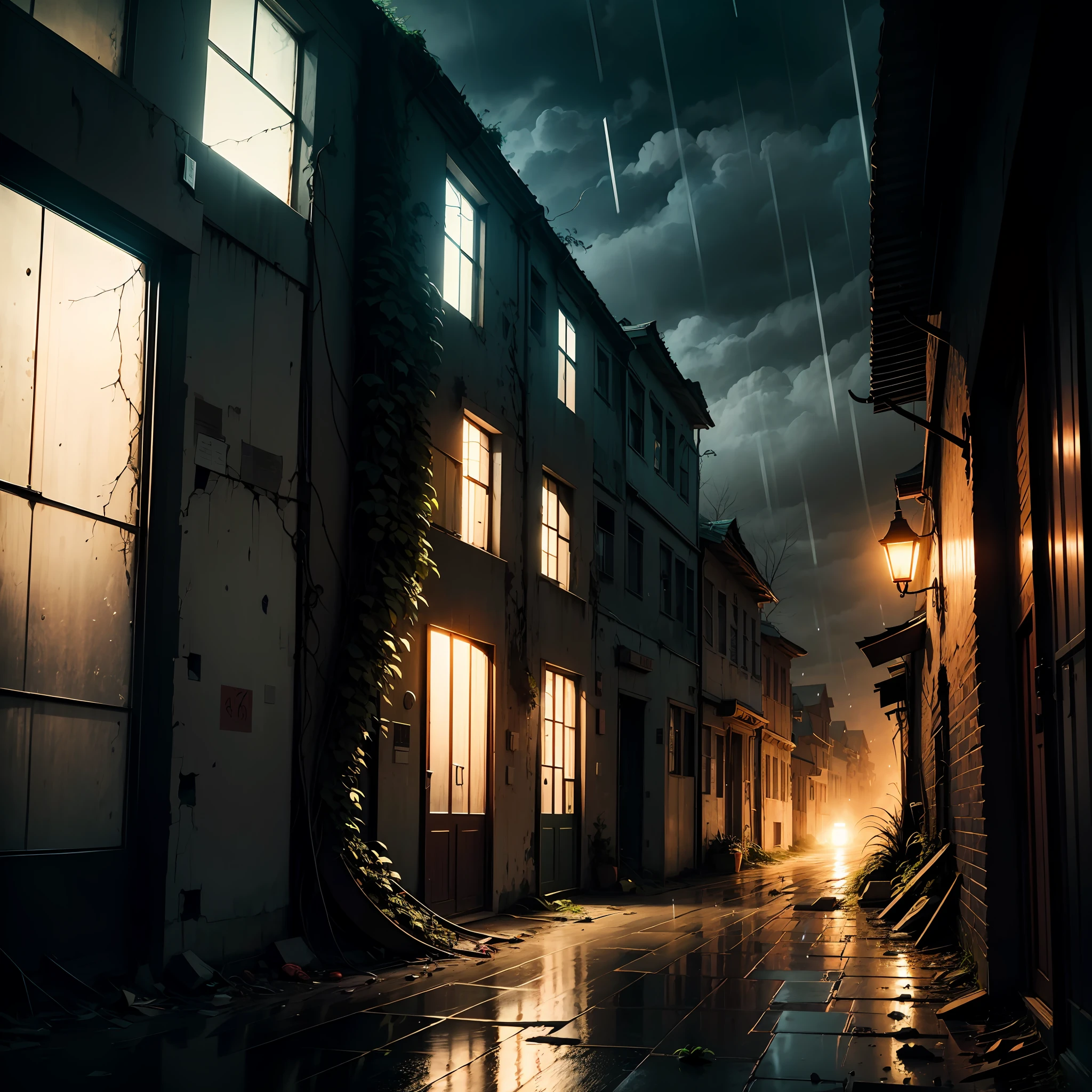 (Armageddon),Dilapidated city,Plants climbing all over the walls ,Night,raining heavily,Black rain,Fog,Fog,Dilapidated streets,Dimly lit alley,(gloomy lighting),relic,(Dilapidated buildings),(Uninhabited city)