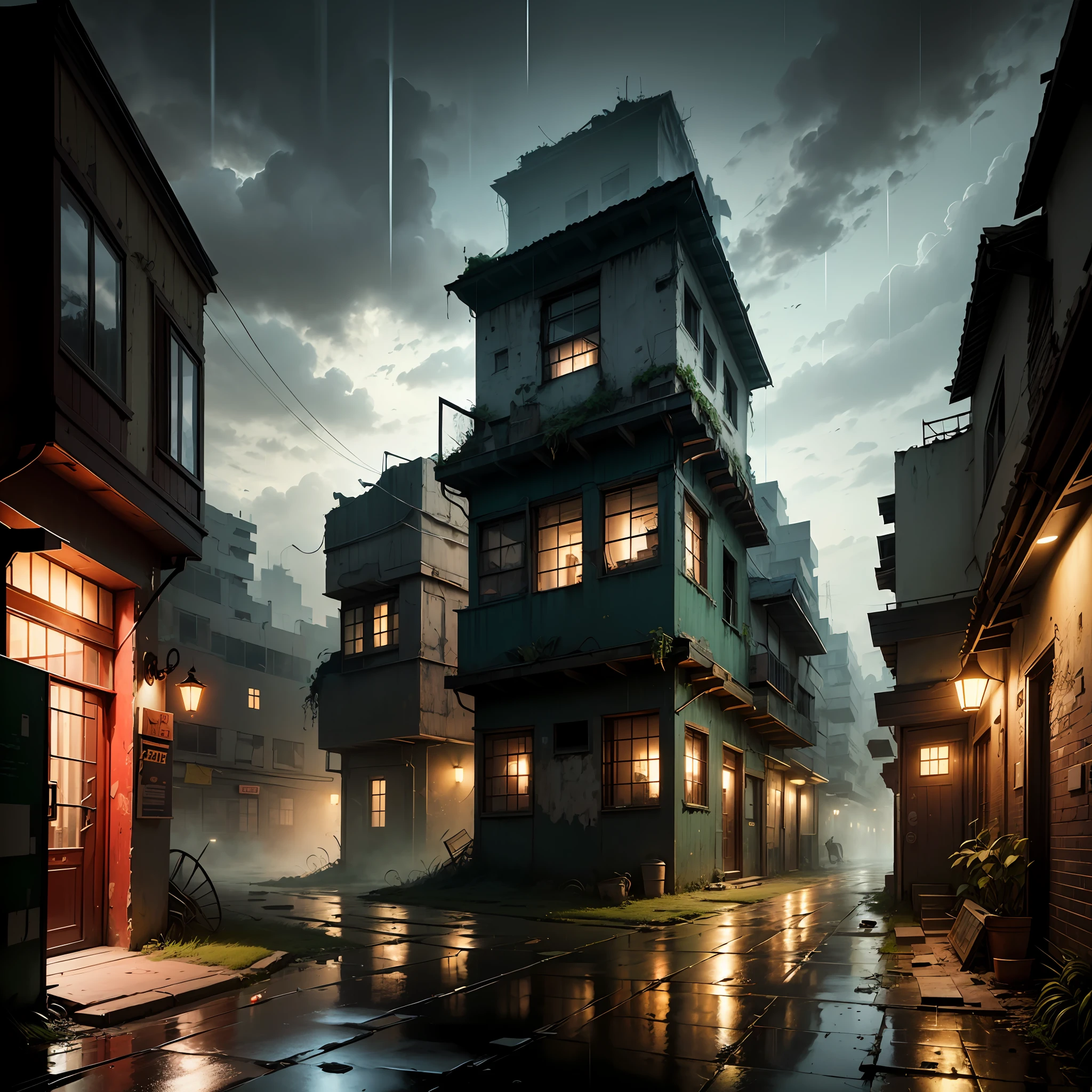 (Armageddon)，Dilapidated city，Plants climbing all over the walls ，Night，raining heavily，Black rain，（Fog，dense fog），Dilapidated streets，Dimly lit alley，（gloomy lighting），relic，(Dilapidated buildings)，(Uninhabited city)，Spooky atmosphere