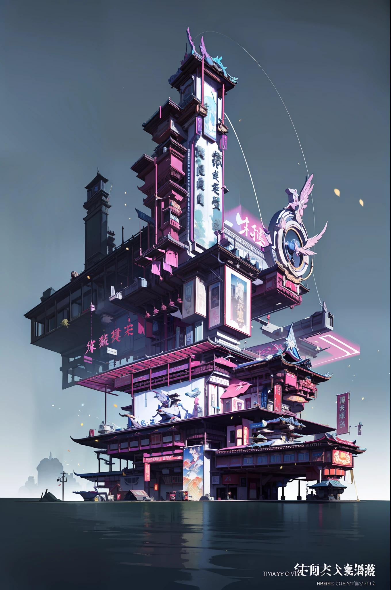 （Future science fiction，neon lit，The cyberpunk，Hologram aura、Particle effects），Game Academy，Ethno-style architecture，Ancient Chinese，Xianxia，Night，Structurally sound、high-definition details，perfect works，White background，（杰作，premier quality，best qualitiy，officlal art，Beauty and aesthetics：1.2），（8K，best qualitiy，杰作：1.2）