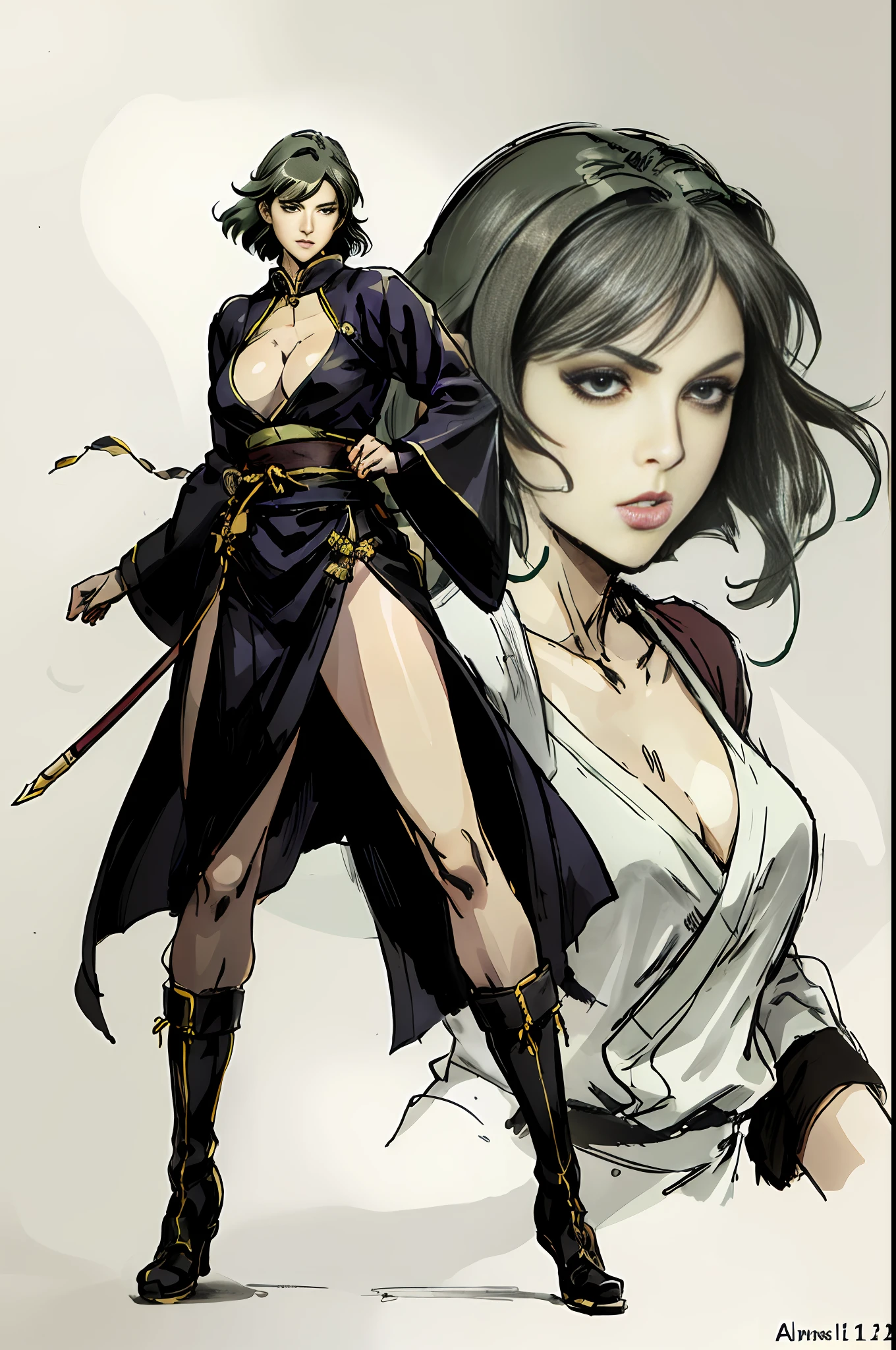 杰作，1woman，A wonderful character show，4K anime，（animel:1.2），Anime drawing of a female warrior in Hanfu and robes，Mysterious oriental atmosphere，Plump breasts，Slim and well-proportioned waist and abdomen，Perfect body，Realistic Hanfu，Wear boots，Combat posture study，a whole body，Dress，Fur coat，Heroine image，Martial arts anime style，colored sketch，Sketch art style，anime artsyle，digital anime，The ultra-great resolution，Realistic scale SFW，Place your hands in her body position！，Full body combat stance，Gesture painting，Fine sketching，Full Body Portraits，，animepainting