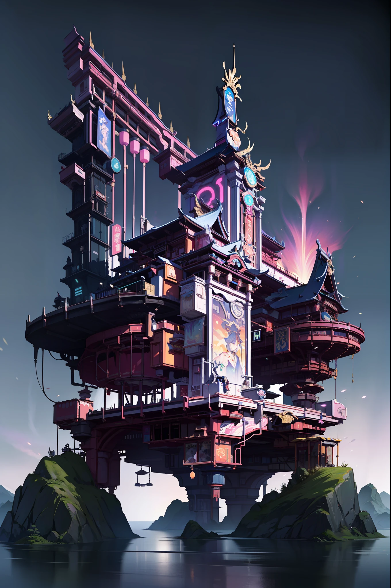 （Future science fiction，neon lit，The cyberpunk，Hologram aura、Particle effects），Game Academy，Ethno-style architecture，Ancient Chinese，Xianxia，Night，Structurally sound、high-definition details，perfect works，White background，（杰作，premier quality，best qualitiy，officlal art，Beauty and aesthetics：1.2），（8K，best qualitiy，杰作：1.2）