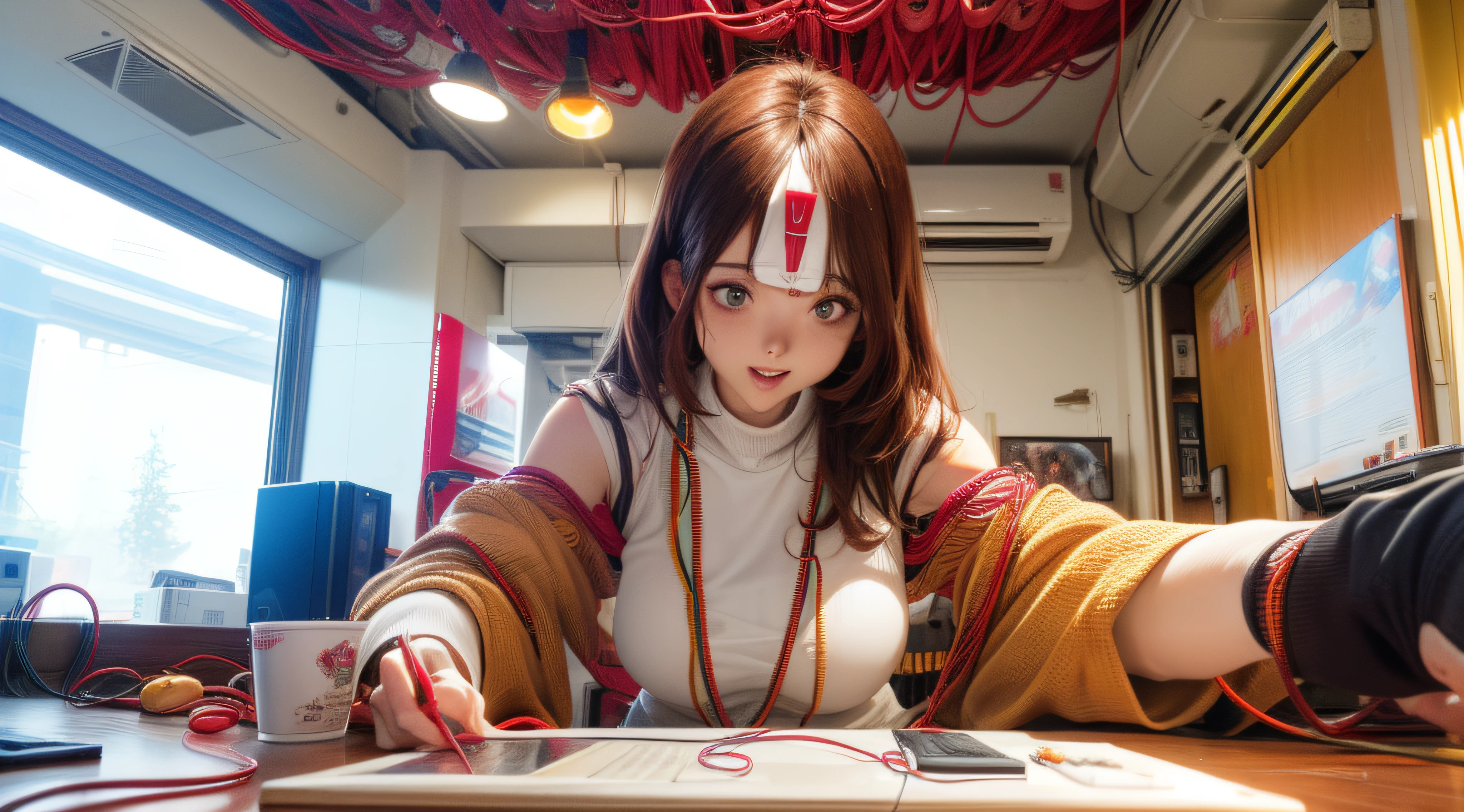 Un monstruo zombi aullando enojado, dientes podridos, Cara desgarrada compuesta de carne, Huesos, Circuitos, venas que gotean conectadas al cerebro, long messy brown hair(((Obra maestra))),(((La mejor calidad))), ((Ultra detallado)),(Highly detailed illustration),((1 hombre)),(Una cara malvada espeluznante),cinematic lightin,Only,cuerpo completo, (Alambres y cables conectados al cerebro y al cuerpo:1.5),(Personaje de enfoque),Science-Fiction