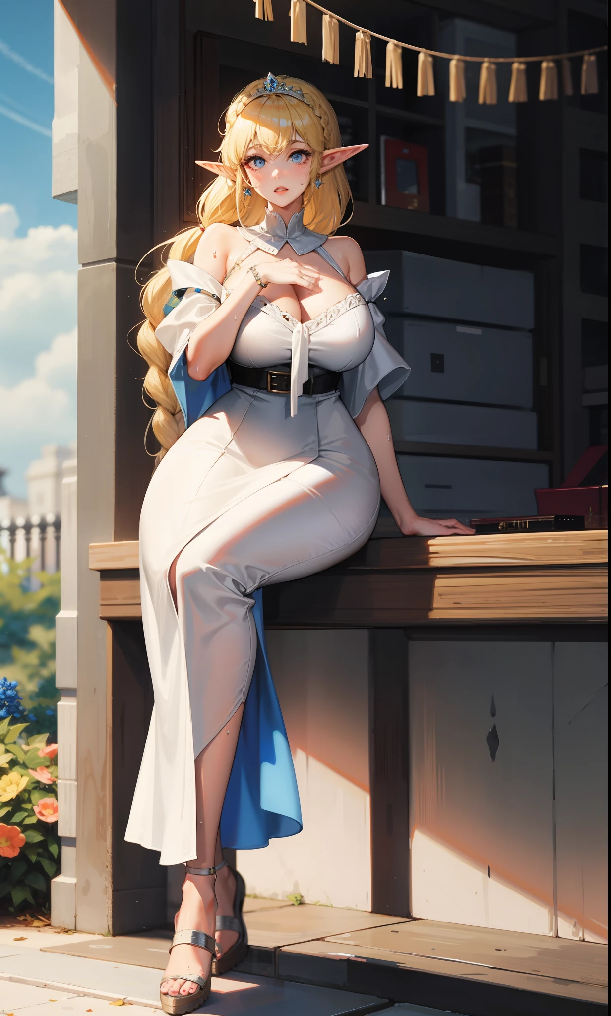 pretty female elf cleric, sitting, braid, wide_hips, huge_breasts, blonde_hair, sweat, white dress, royalty, royal, voluptuous, blue_eyes,