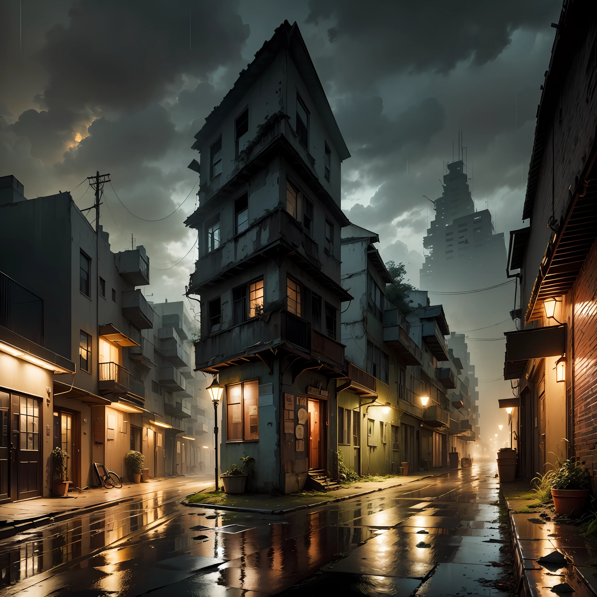(Armageddon)，Dilapidated city，Plants climbing all over the walls ，Night，raining heavily，Black rain，（Fog，dense fog），Dilapidated streets，Dimly lit alley，（gloomy lighting），relic，(Dilapidated buildings)，(Uninhabited city)，Spooky atmosphere