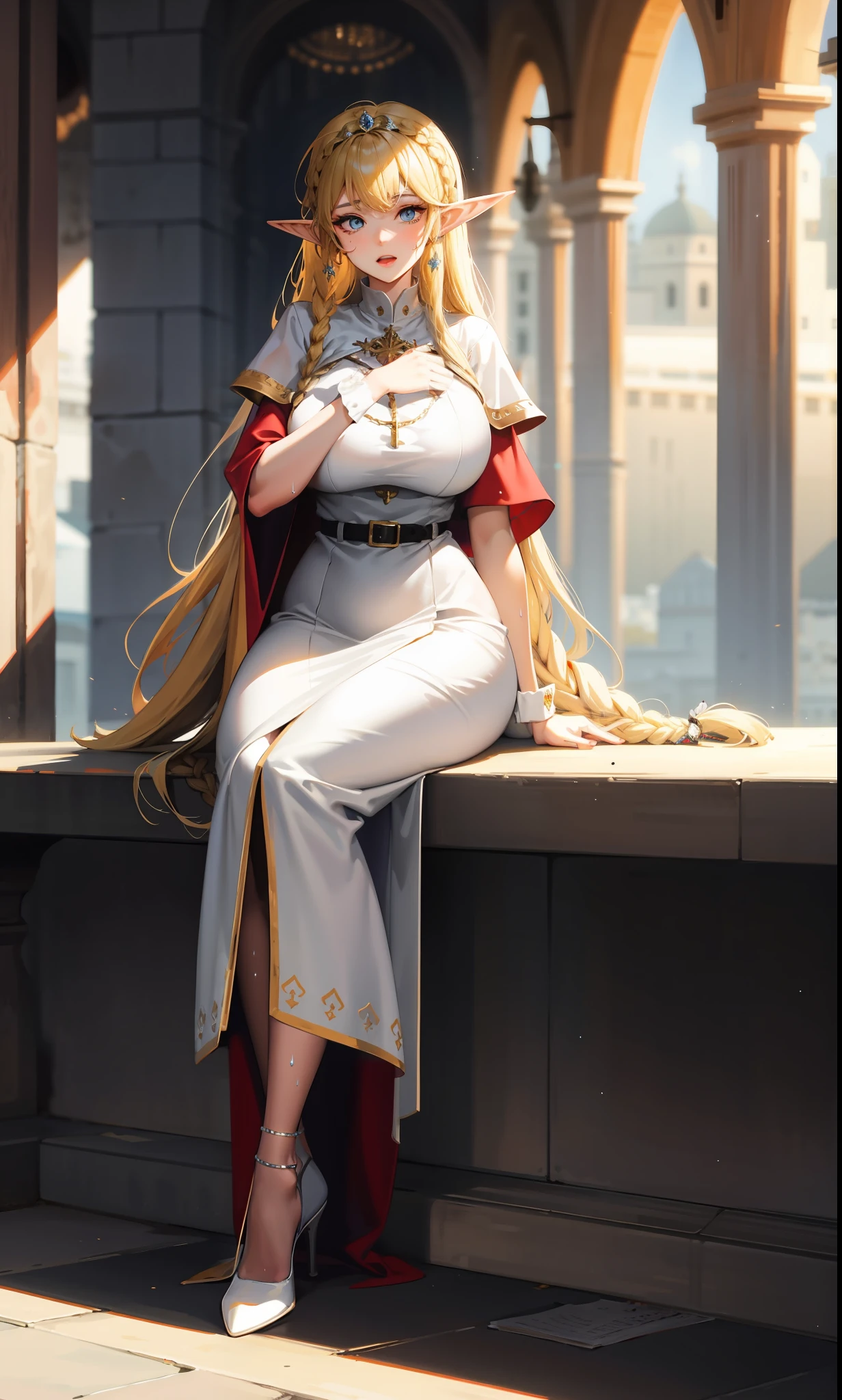 pretty female elf cleric, sitting, braid, wide_hips, huge_breasts, blonde_hair, sweat, white dress, royalty, royal, voluptuous, blue_eyes,