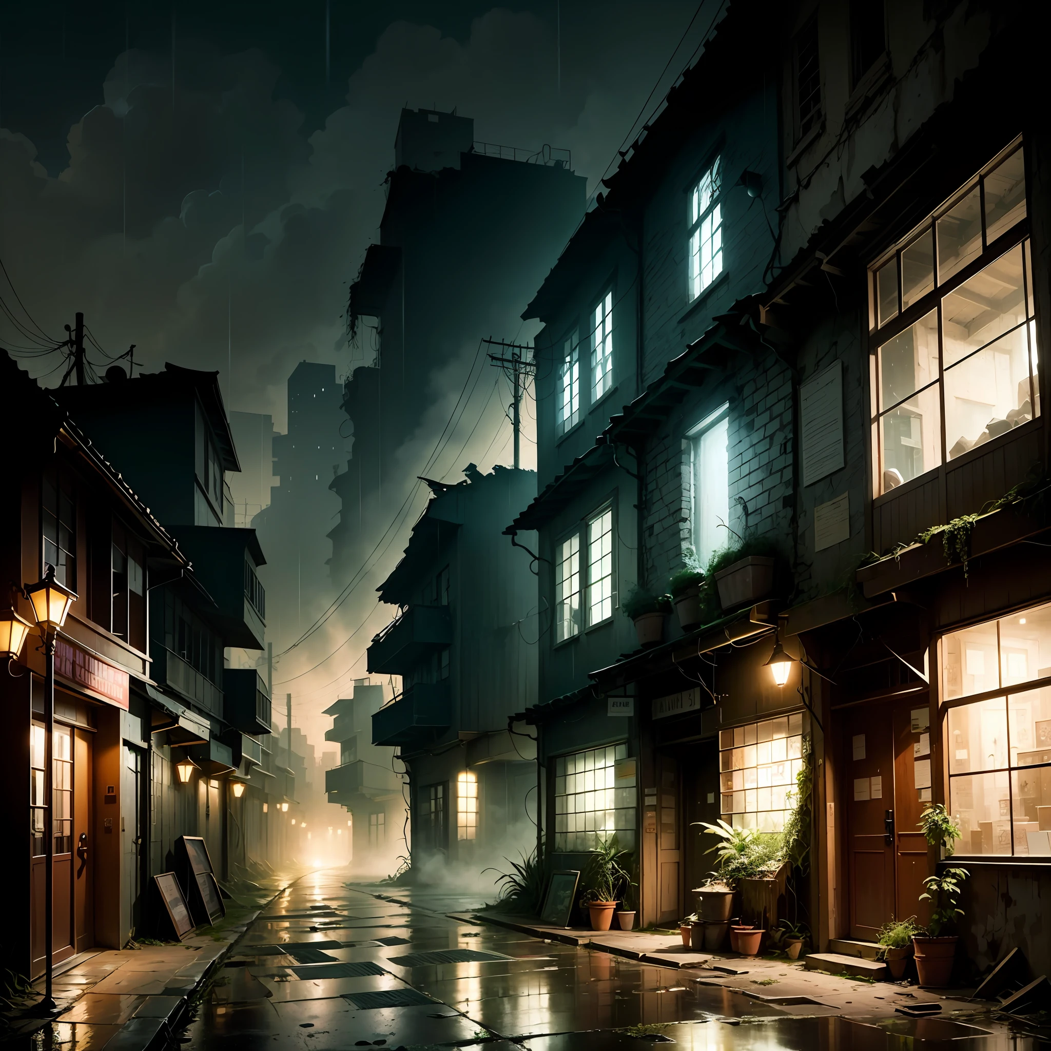 (Armageddon)，Dilapidated city，Plants climbing all over the walls ，Night，raining heavily，Black rain，（Fog，dense fog），Dilapidated streets，Dimly lit alley，（gloomy lighting），relic，(Dilapidated buildings)，(Uninhabited city)