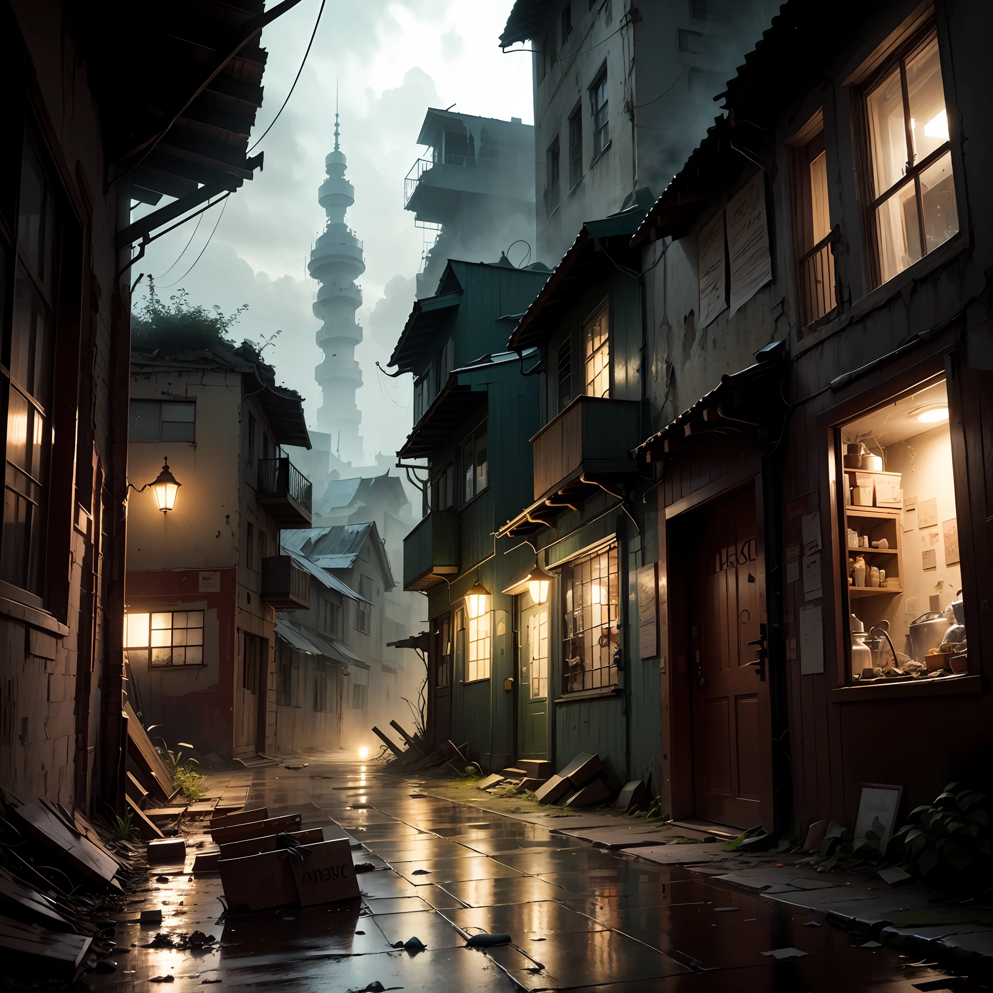 (Armageddon),Dilapidated city,Plants climbing all over the walls ,Night,raining heavily,Black rain,(Fog,dense fog),Dilapidated streets,Dimly lit alley,(gloomy lighting),relic,(Dilapidated buildings),(Uninhabited city)