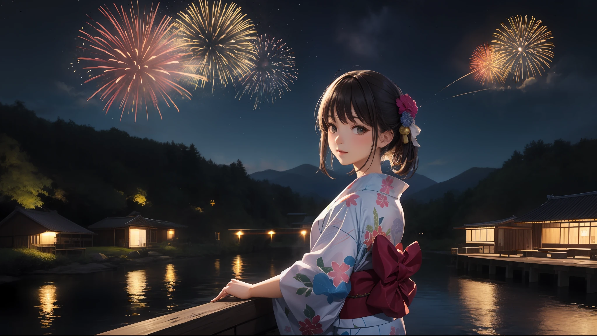 beauty, 25 years old, countryside, yukata, night, starry sky, fireworks, river,