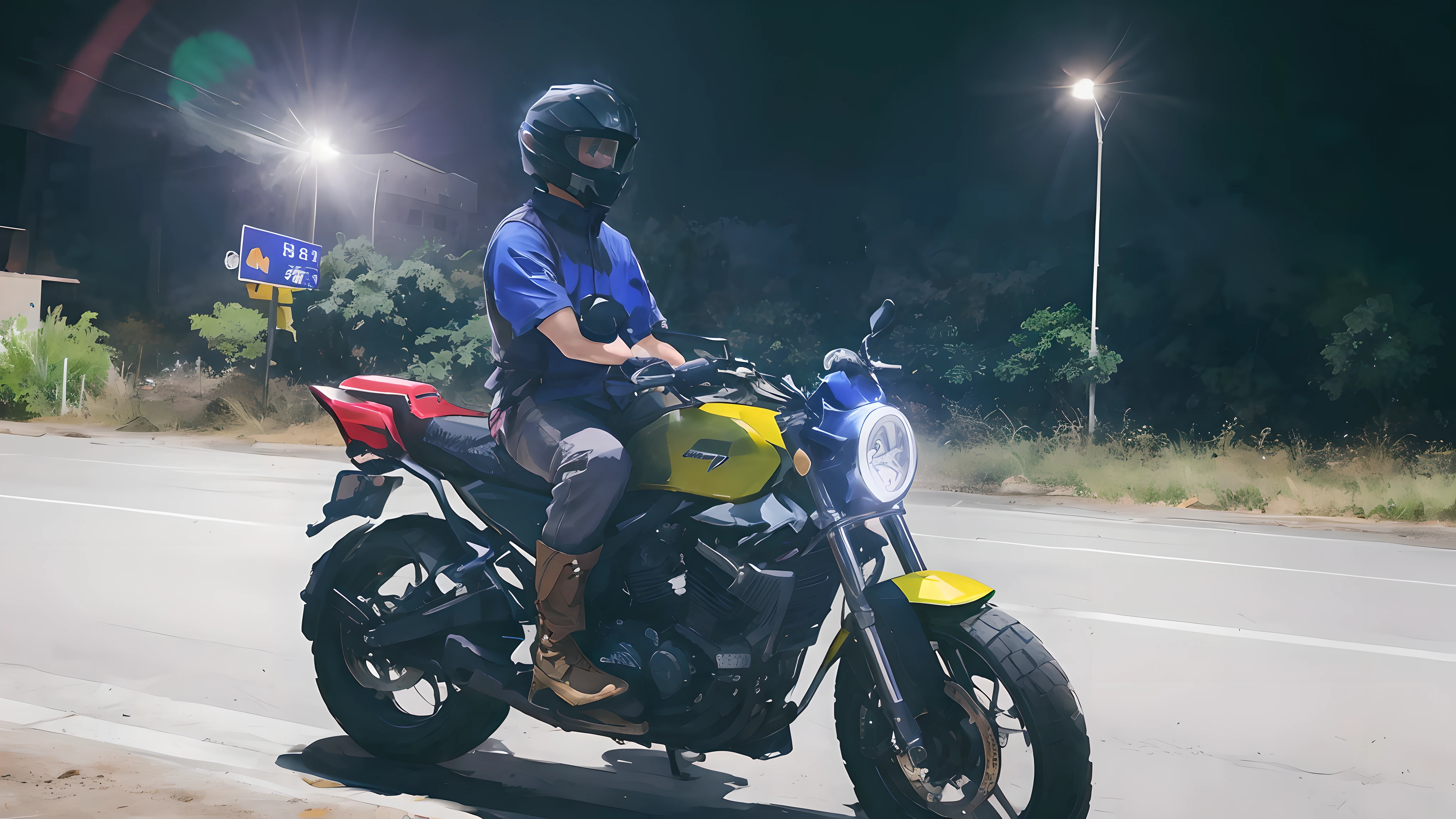 New concept art motorcycle,The background is simple,The character wears a helmet on his head,