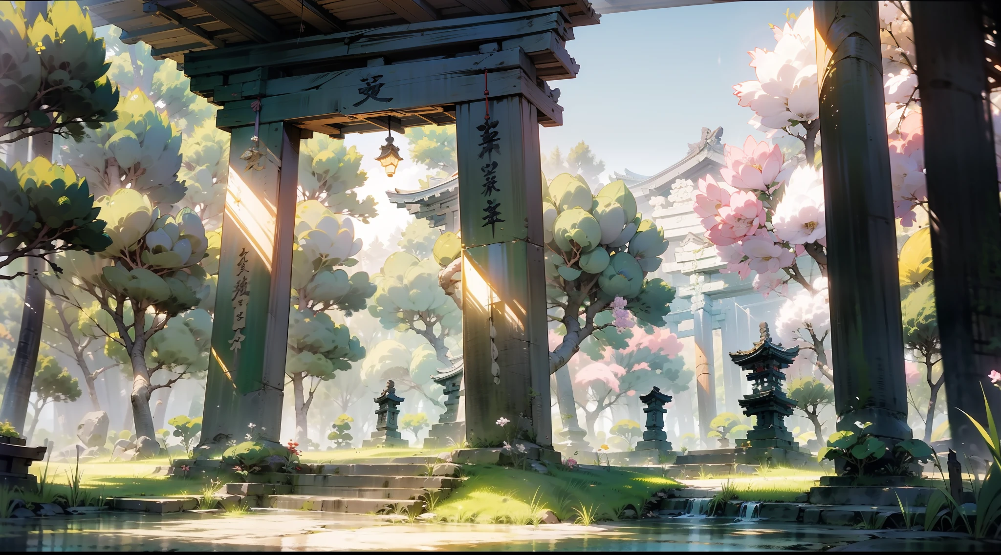 Japanese anime scene design，Ancient shrines，（hillside，massive trees，Wisteria flowers），Quiet and elegant atmosphere，Delicate and soft painting style，Cinematic lighting effects，HD picture quality，abundant detail，32K，Very perfect and unified 8K HD wallpaper，OC rendering sculpture