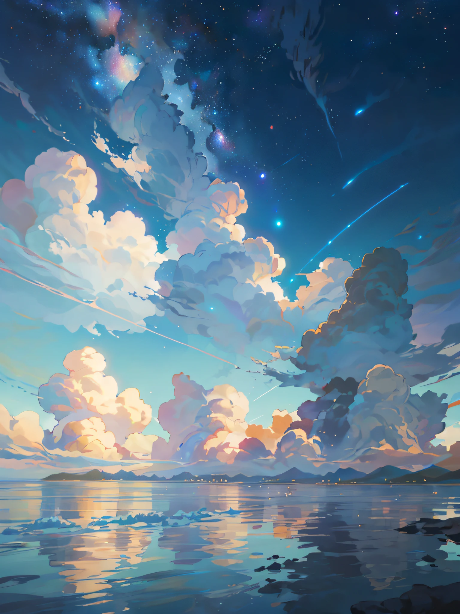 There is a picture of the sky with clouds and stars, space sky. By Makoto Shinkai, Anime Sky, Anime Clouds, Blue Sea. Makoto Shinkai, Makoto Shinkai's style, Makoto Shinkai's style, Los Tran. Inspired by the scenic background, Makoto Shinkai, Makoto Shinkai. - H 2160, summer, Makoto Shinkai concept art, tumblr, magical realism, beautiful anime scene, beautiful sky. Makoto Shinkai, ((新海誠)), anime background art, anime background, Makoto Shinkai's style, anime movie background, galaxy express, no human