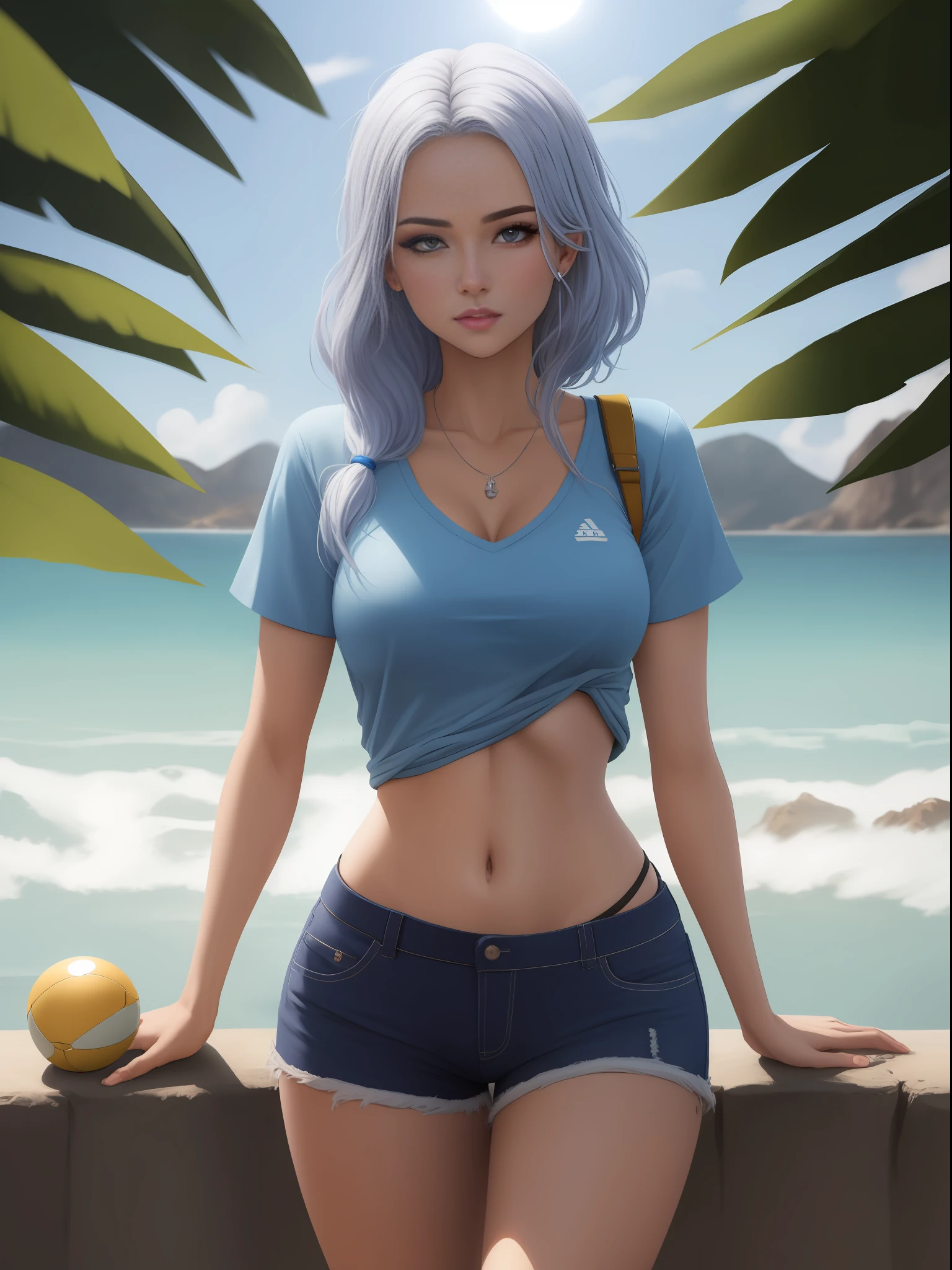 obra-prima, melhor qualidade, 1bela mulher, solo, cabelo azul, cabelo rabo de cavalo, olhos [rosa| azul], tema branco, tema azul, camiseta branca, shorts, average chest, umbigo, (heaven, luz solar, oceano, de baixo: 1. 36), standing on, tiro de cowboy, , 8k, UHD, HDR, (Obra-prima: 1. 5), (melhor qualidade: 1. 5)