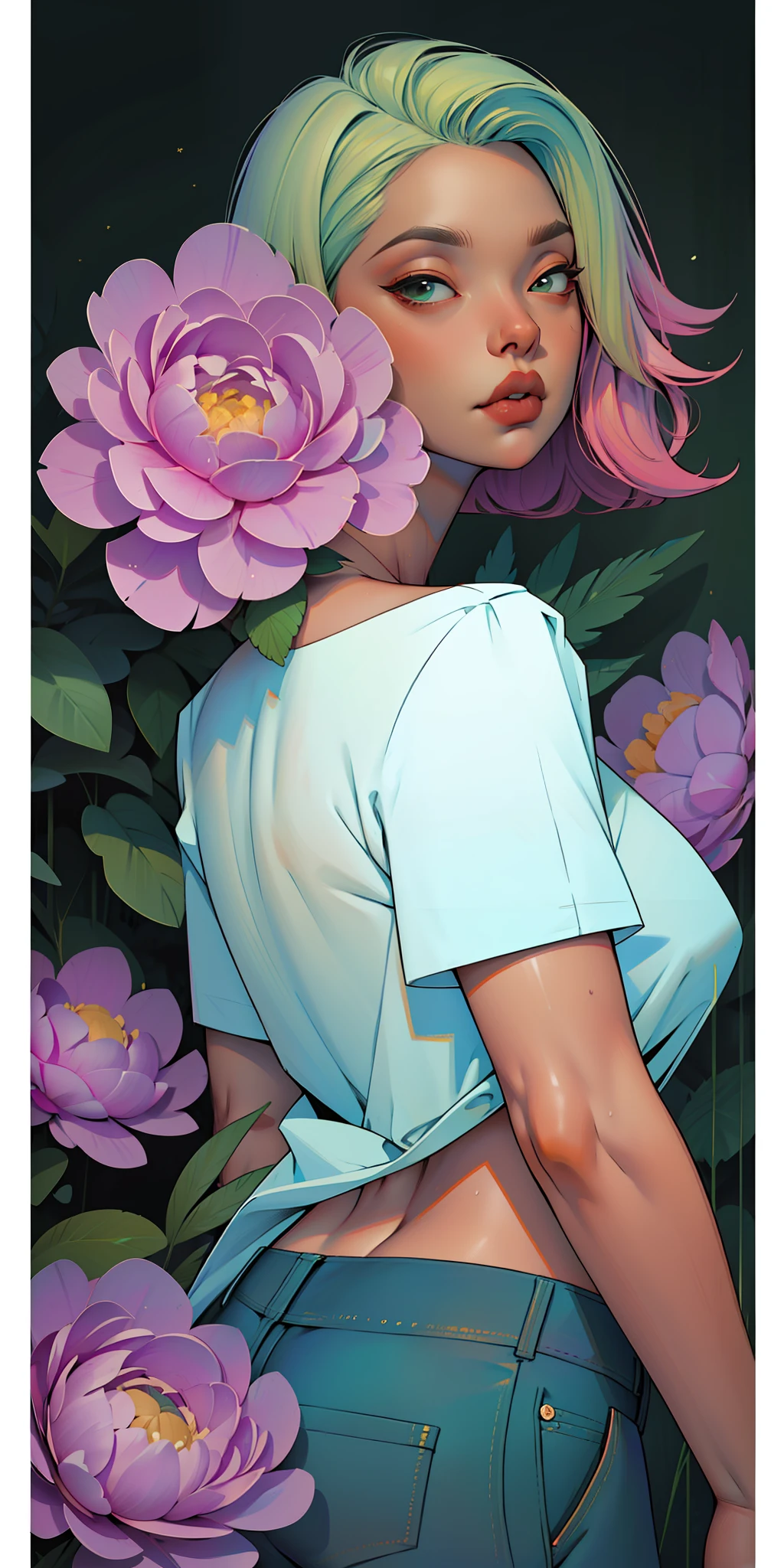 Portrait of the most beautiful girl, Background, mixed-language_SMS, Japanese letters in graffit, (beautiful and clear background:1.2),, fantastic paintings ,graffit style, olhos altamente detalhados , a white t-shir, cannabis print, Flowers, Peonies, Machi, marijuana tattoo, Loving, Eroquesis, bust, bikini of, steeply, stylishly, fashionably, ultra detailed hair, Masterpiece, Best Quality, hig quality, high-resolution, detail enhancement, ((most beautiful image in the world)), Masterpiece, Best Quality, hig quality, high-resolution, detail enhancement, ((most beautiful image ), light lavender hair, Mint hair, Shiny degraded hair, t-shirt stampa flores, wearing jeans,, art by stjepan sejic, art by j scott campbell, art by guillem march, art by citemer liu, 4k, High Resolution, comic book character, comic, high quality detailed, style of ::2.0 comix illustration style,tatoon style, hig quality, high-resolution, detail enhancement, 8K, HD, Best Quality, hig quality, high-resolution, detail enhancement, 8K, HDR, Sharp focus, Ultra Detailed, Perfect lighting, Curvy Body, Lush breasts, Curvy hips, Chic, big butt
