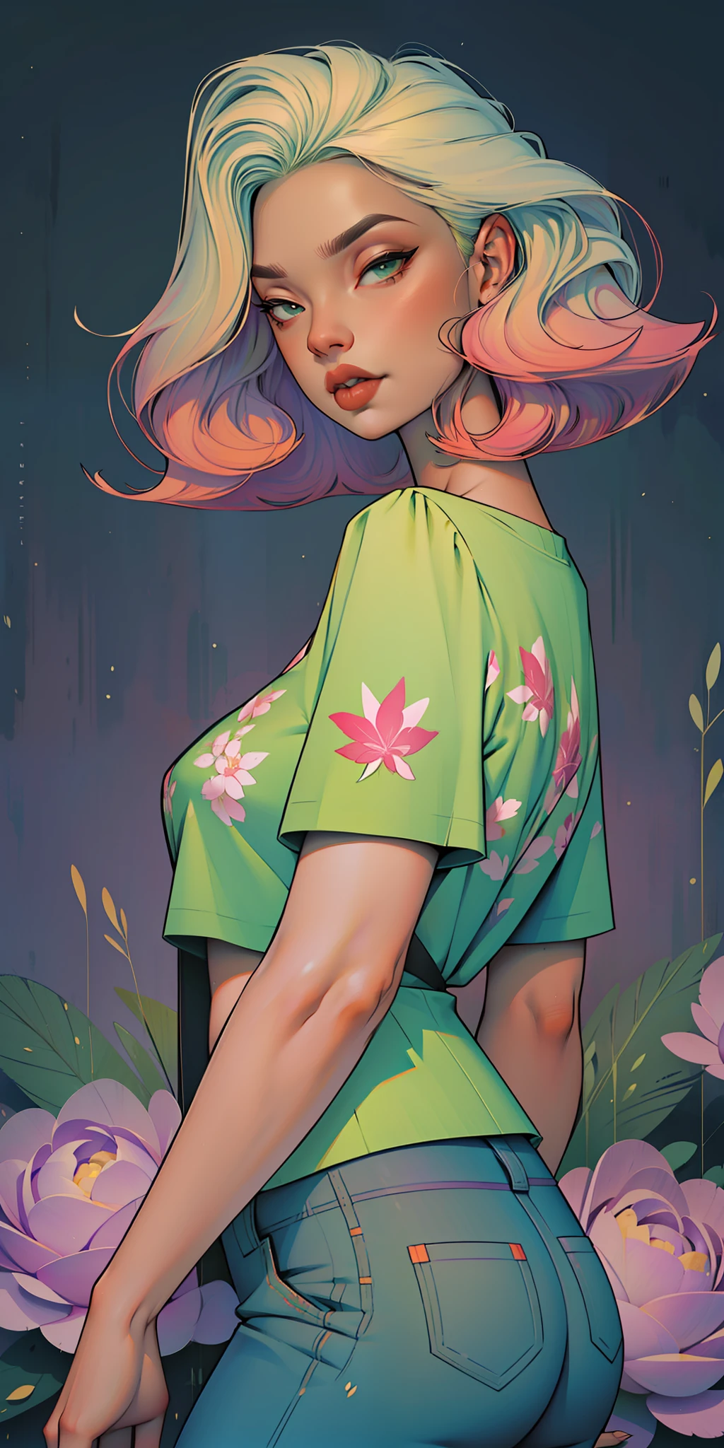 Portrait of the most beautiful girl, Background, mixed-language_SMS, Japanese letters in graffit, (beautiful and clear background:1.2),, fantastic paintings ,graffit style, olhos altamente detalhados , a white t-shir, cannabis print, Flowers, Peonies, Machi, marijuana tattoo, Loving, Eroquesis, bust, bikini of, steeply, stylishly, fashionably, ultra detailed hair, Masterpiece, Best Quality, hig quality, high-resolution, detail enhancement, ((most beautiful image in the world)), Masterpiece, Best Quality, hig quality, high-resolution, detail enhancement, ((most beautiful image ), light lavender hair, Mint hair, Shiny degraded hair, t-shirt stampa flores, wearing jeans,, art by stjepan sejic, art by j scott campbell, art by guillem march, art by citemer liu, 4k, High Resolution, comic book character, comic, high quality detailed, style of ::2.0 comix illustration style,tatoon style, hig quality, high-resolution, detail enhancement, 8K, HD, Best Quality, hig quality, high-resolution, detail enhancement, 8K, HDR, Sharp focus, Ultra Detailed, Perfect lighting, Curvy Body, Lush breasts, Curvy hips, Chic, big butt