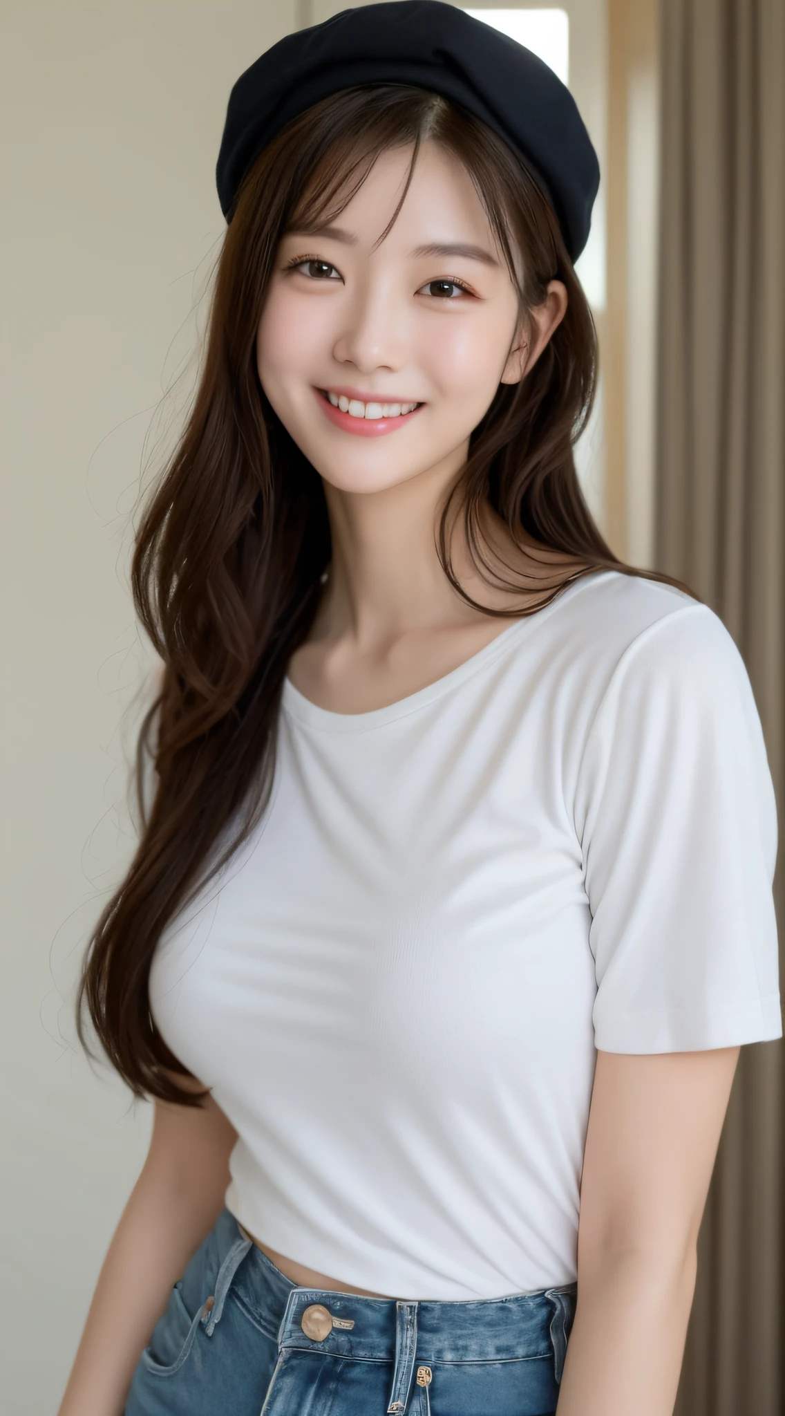 beste Quality。8K-Picture。sharp-focus。Close-up alone。Girls who look good in summer berets, Long wavy hair。Girl looking good in white shirt and rough clothes in jeans shorts。huge boobs。Slender and slender waist。Very delicately drawn face and skin、Breast texture。Detailed eye construction。Double eyelids。detailded、and delicately depicted body balance。Boyish but busty。Smile slightly。