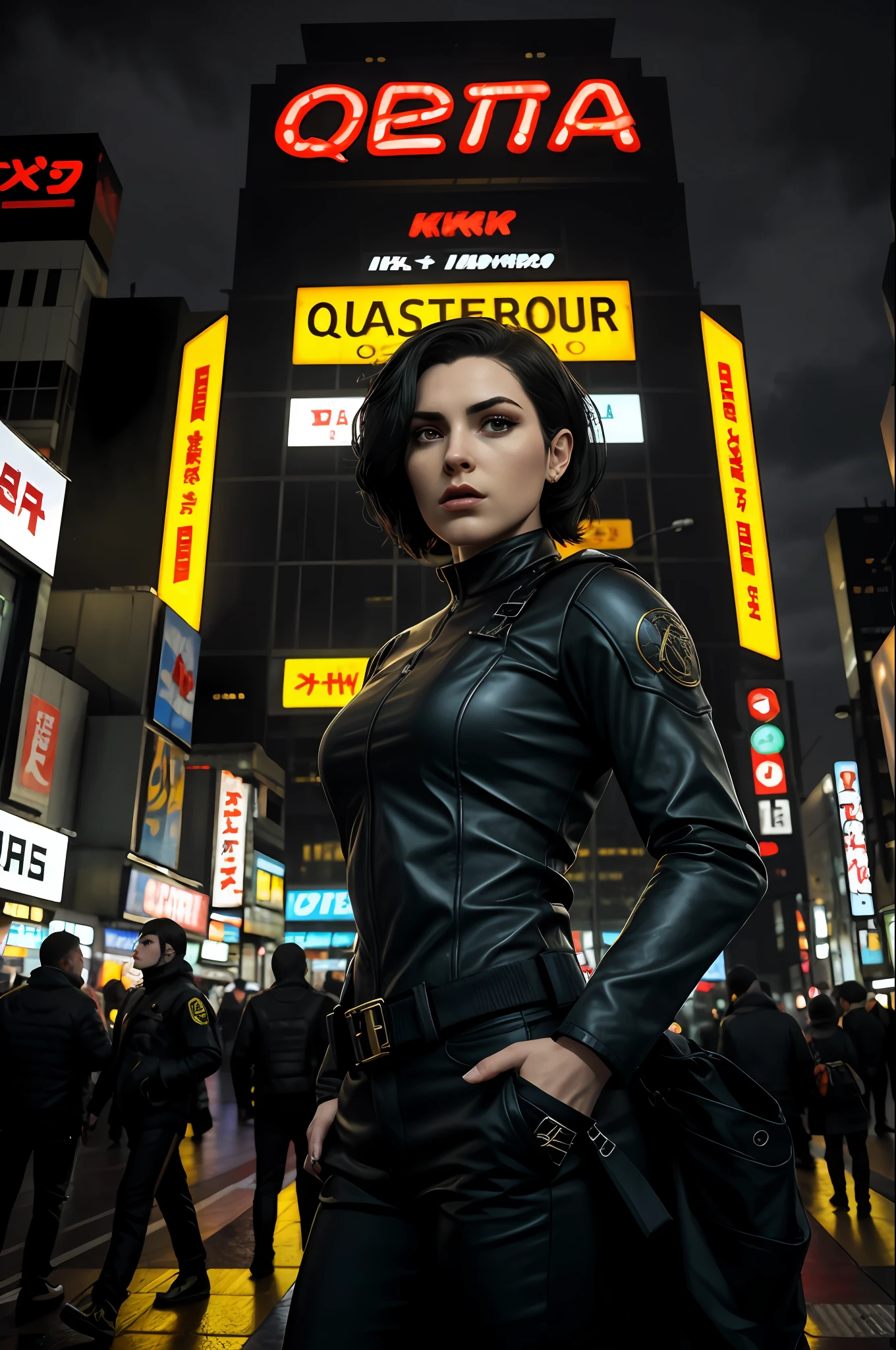 (obra-prima, melhor qualidade), 1girl, solo, cassandra cain, jaqueta de couro preta, cabelo preto, olhos castanhos,
akihabara, dos mortos, noite, de cima, Standing roof, neon sign, centro de jogos,