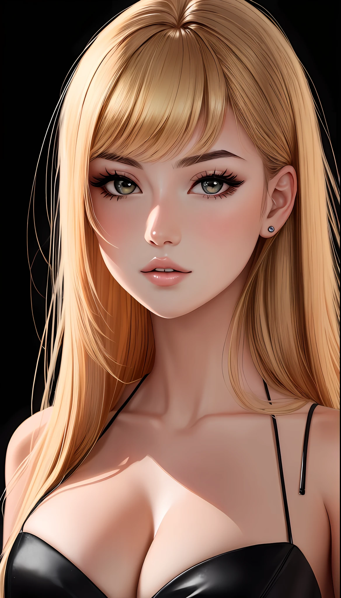 spikes hair , woman chest closeup, 1girl, beautiful face, sharp focus, masterpiece, facing viewer, blond hair, centered, realistic, professional, black background, plain black background