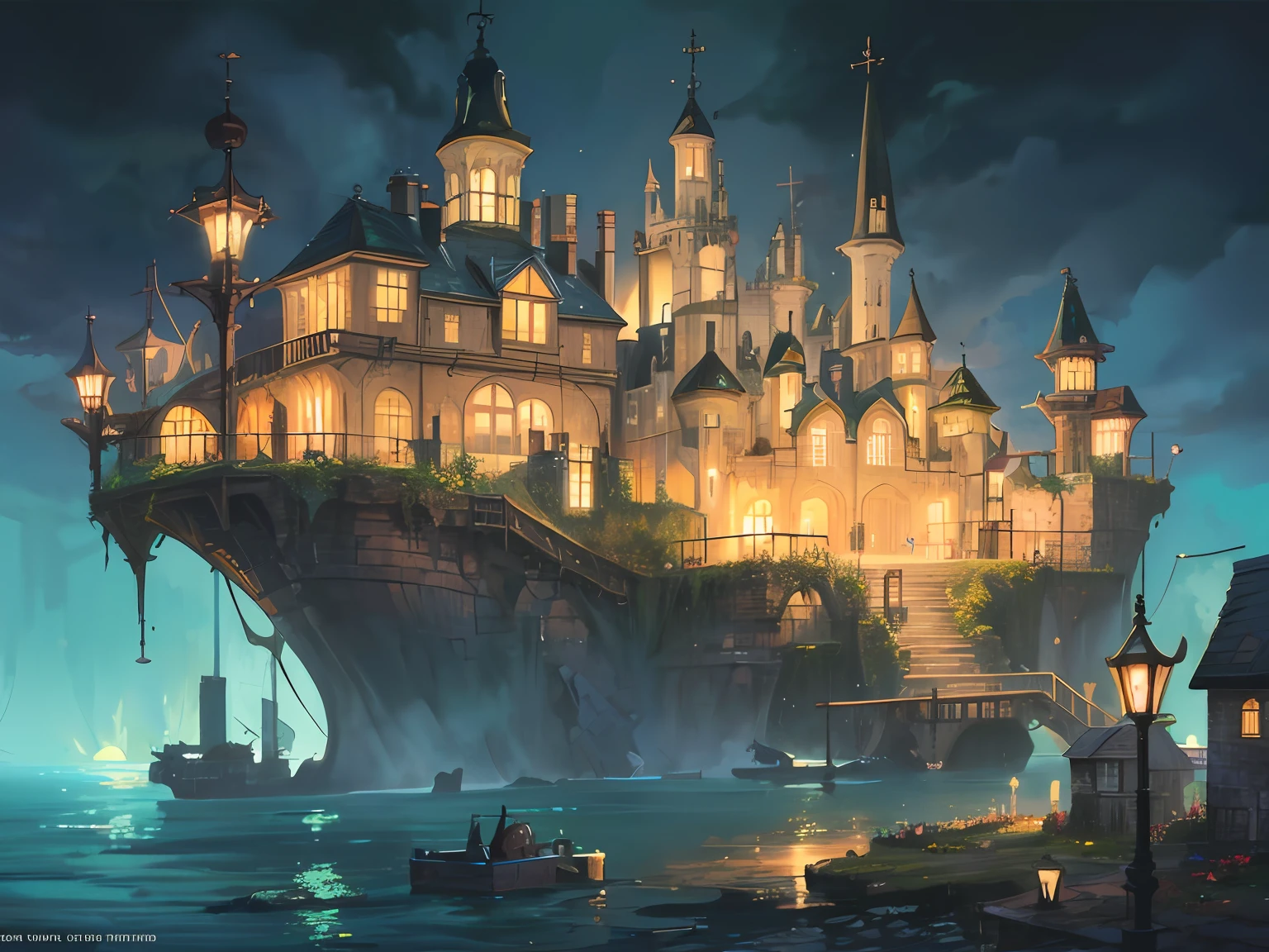 (Fantasy: 1.2), Color (Hayao Miyazaki style), (irregular building floating in the sea), patchwork cottages, flower decorations, lights, concept art inspired by Andreas Rocha, Artstation contest winner, Fantasy art, (underwater city), ross tran, light shafts, realistic lighting, masterpiece, high quality, beautiful graphics, high detail, masterpiece, high quality, beautiful graphics, high detail, --v6
