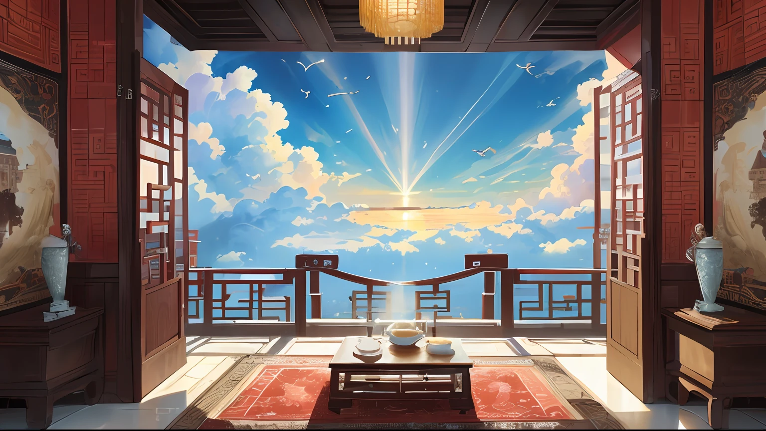 The game scene, the ancient Chinese palace is located above the clouds, Nantianmen, surrounded by clouds and mist, majestic, glazed tiles, Buddha statues, colorful rays of light, ((color ink)),((splash ink)),( (splash ink) ink) ink}) ), masterpiece, high quality, beautiful graphics, high detail --v 6