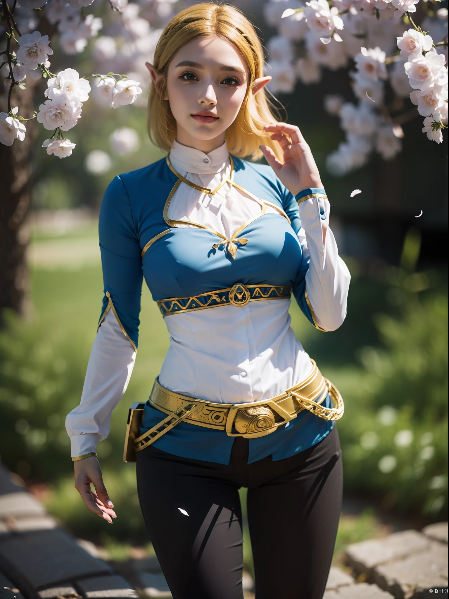princess zelda, botw, black pants, 1girl, (blonde hair:1.5), beautifull expression, beautifull eyes, medium breasts, smile, cute, looking at viewer, long hair, (breast focus: 1.2), (realistic: 1.2), (full body: 1.5), (far view: 1.2), (realism), (masterpiece: 1.2), (best quality), (ultra detailed), (8k, 4k, intricate), (85mm), light particles, lighting, (highly detailed: 1.2), (detailed face: 1.2), (gradients), sfw, colorful, (detailed eyes: 1.2), (detailed garden with flowers: 1.2), (detailed background), (dynamic angle: 1.2), (dynamic pose:1.2), (rule of third_composition: 1.3), (Line of action: 1.2), wide shot, daylight, solo.