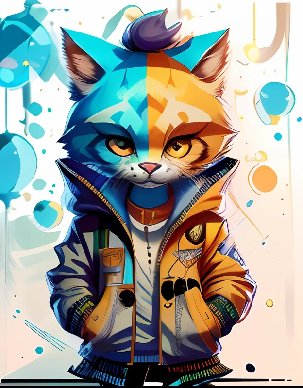 painting of a cat with a jacket and a scarf on, Furry art, Furry art!!!, beeple and jeremiah ketner, cyberpunk cat, anime cat, jazza and rossdraws, furry artist, By Yuumei, cyan and orange, very very beautiful furry art, POV furry art, cyril rolando and goro fujita, rossdraws cartoon vibrant