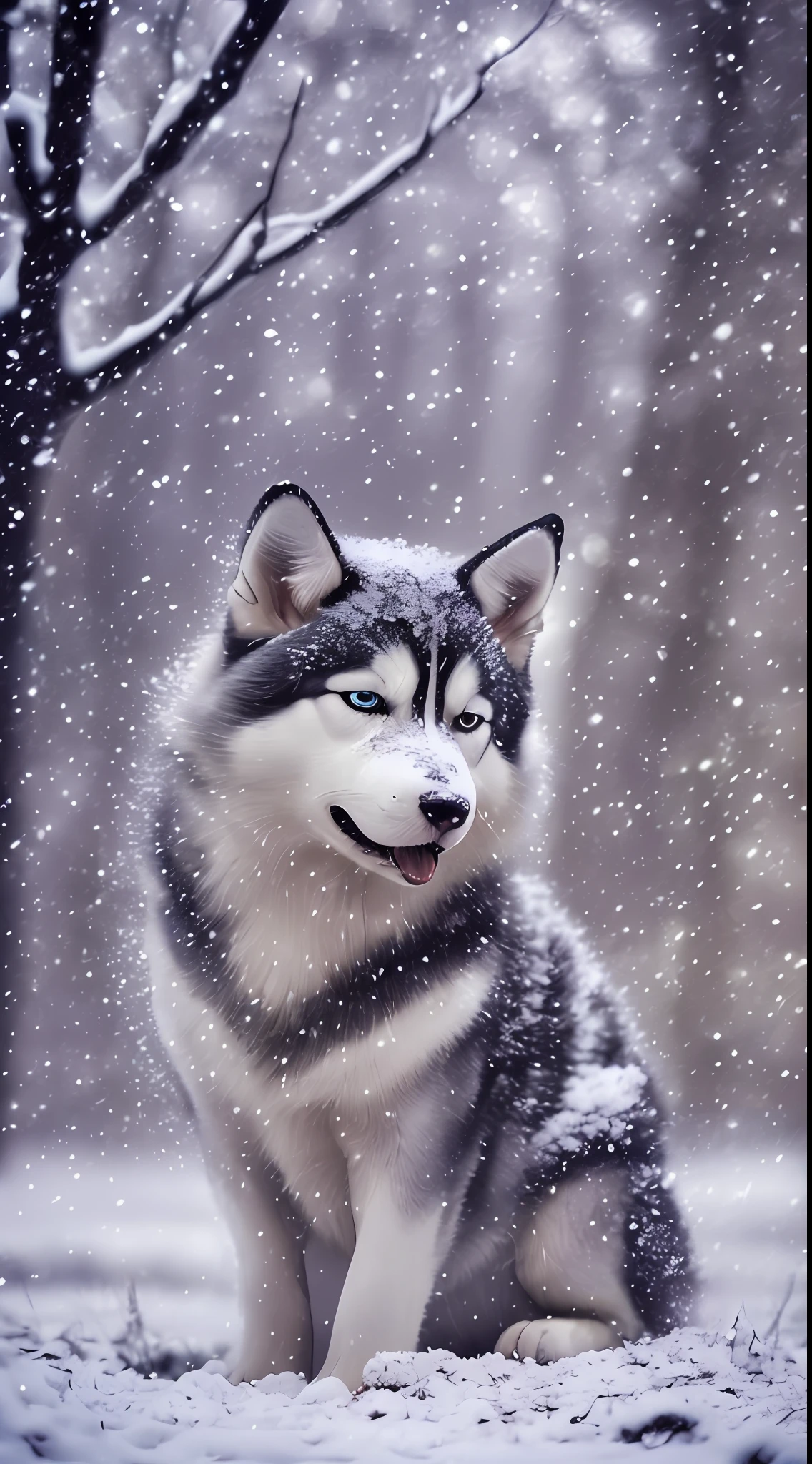 (The highest HD quality)Battle of Chibi,Snow Falling,In dim light,The cute husky sits in the center of the scene,The surrounding scenery gradually became clear,The bright background highlights the bright atmosphere。Accompanied by a smile,A halo-like ray of light appears,Gently brush the scene,It blends perfectly with Larsen, who looks around,Real and delicate。