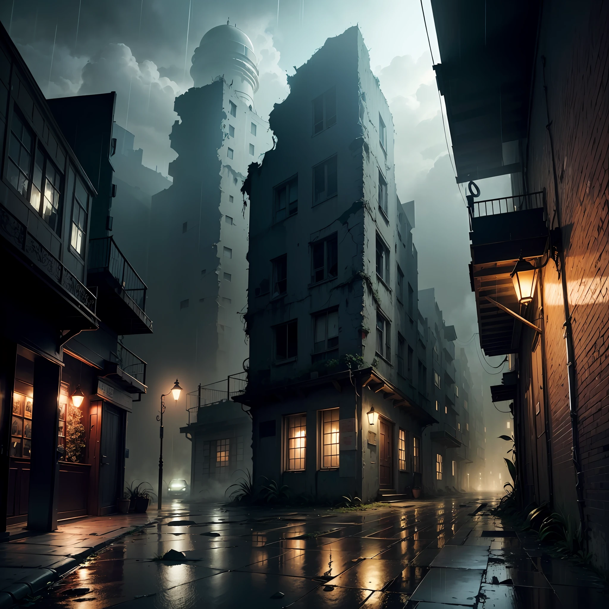 (Armageddon),Dilapidated city,Plants climbing all over the walls ,Night,raining heavily,Black rain,(Fog,dense fog),Dilapidated streets,Dimly lit alley,(gloomy lighting),relic,(Dilapidated buildings),(Uninhabited city),Spooky atmosphere