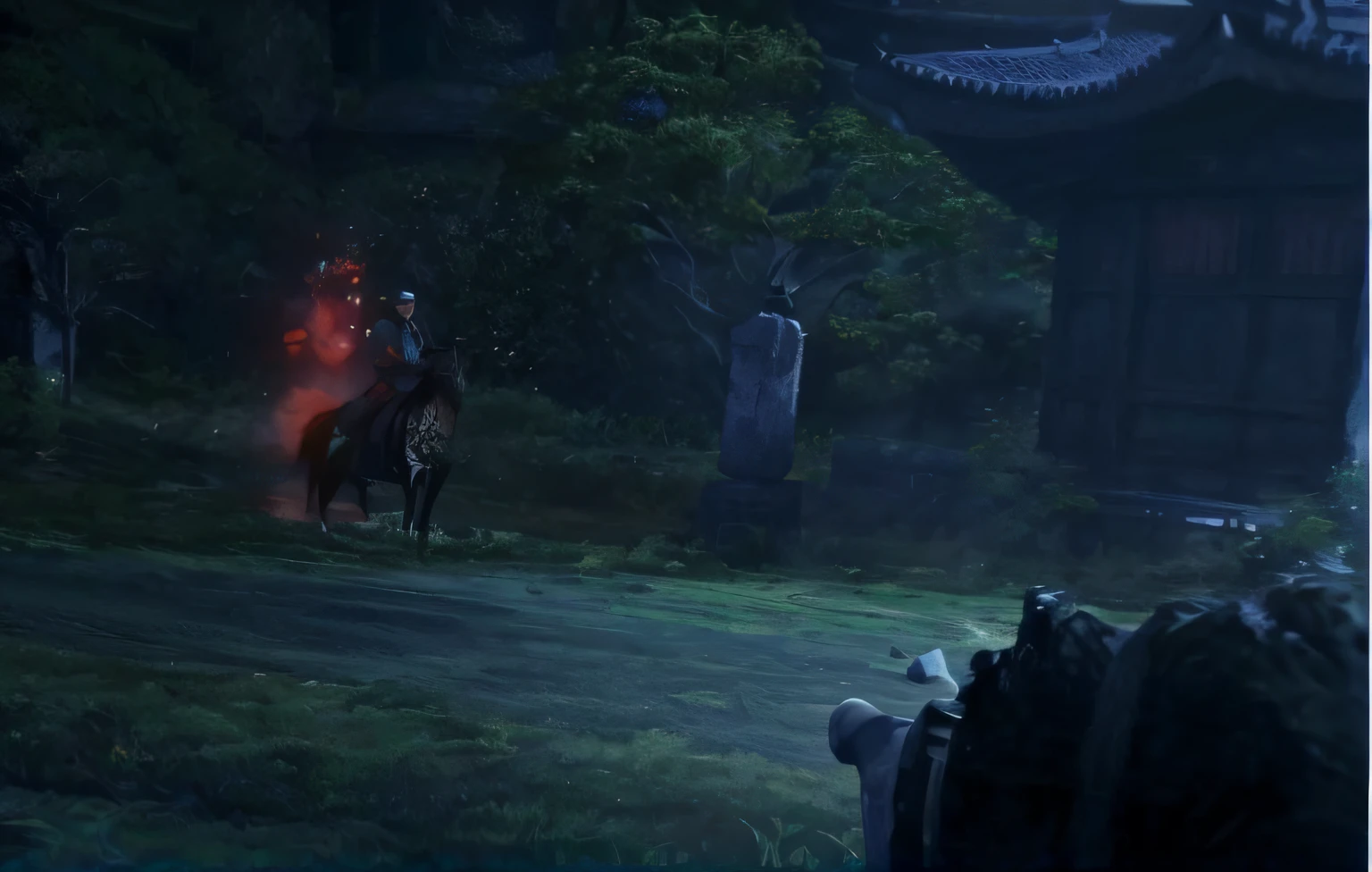 there is a man riding a horse in a field with a red light, ghost of tsushima, Detailed bushido form smoke, sekiro in bloodborne world, gameplay footage, ps5 cinematic screen capture, cutscene footage, in - game footage, in-game footage, sekiro mountain, inspired by Kanō Hōgai, sekiro --auto